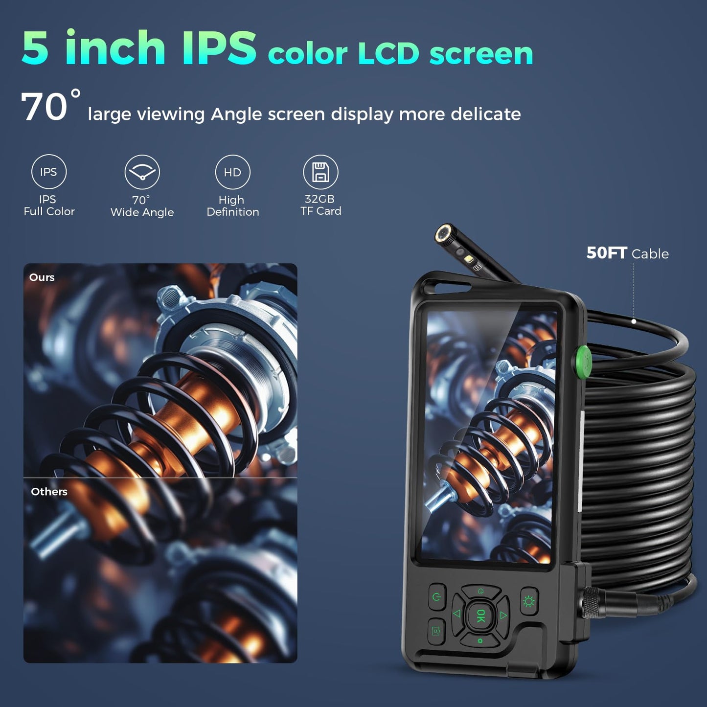 Triple Lens 1080P Borescope with 50FT Semi-Rigid Cable, 5" IPS Screen Endoscope Camera with Lights, 1080P Industrial Borescope with 32G Storage Card,IP67 Waterproof Drain Camera
