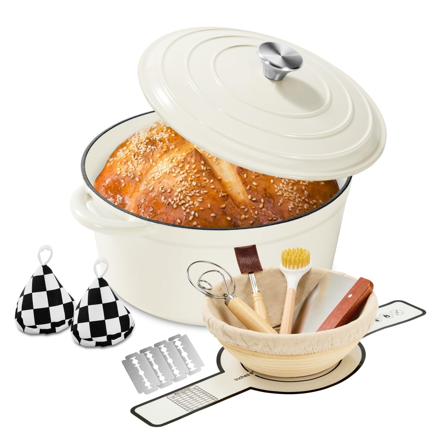 Blingco Enameled Cast Iron Dutch Oven with Lid -6.5 QT, incl. Sourdough Bread-Baking Supplies like Banneton Proofing Basket, Heavy Duty Cookware Bread-Oven for Baking, Stews, and Roasting, Cream White
