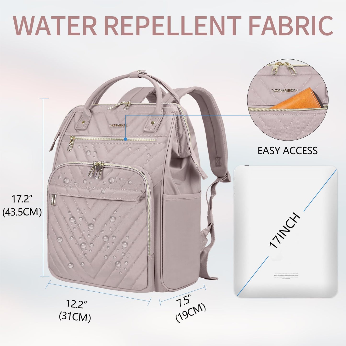 VANKEAN 17 Inch Laptop Backpack for Women Fashion Computer Work Bag, Large Capacity Waterproof Backpack, College Daypack Business Travel Backpack, Light Dusty Pink