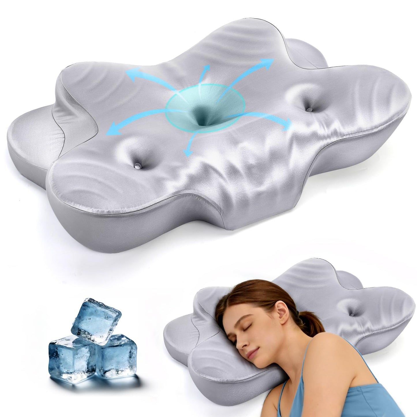 CCidea Dual Ear Relief Zone Contour Pillow, Ice Silk Satin Cervical Memory Foam Pillow for Sleeping, Ergonomic Neck Support for Side, Back & Stomach Sleepers (Grey-Pillow)
