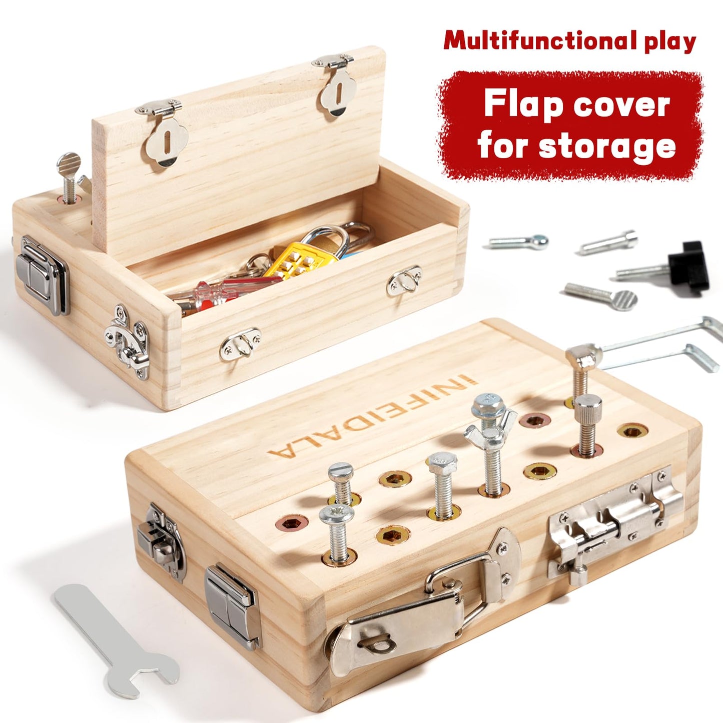 INIFEIDALA Montessori Busy Board Toddler Toys for Ages 3+ - Wooden Sensory Latches Board with Lock & Key & Kid Tool Screwdriver Set, Preschool Educational Toy - Fine Motor Skills - STEM Learning Toys
