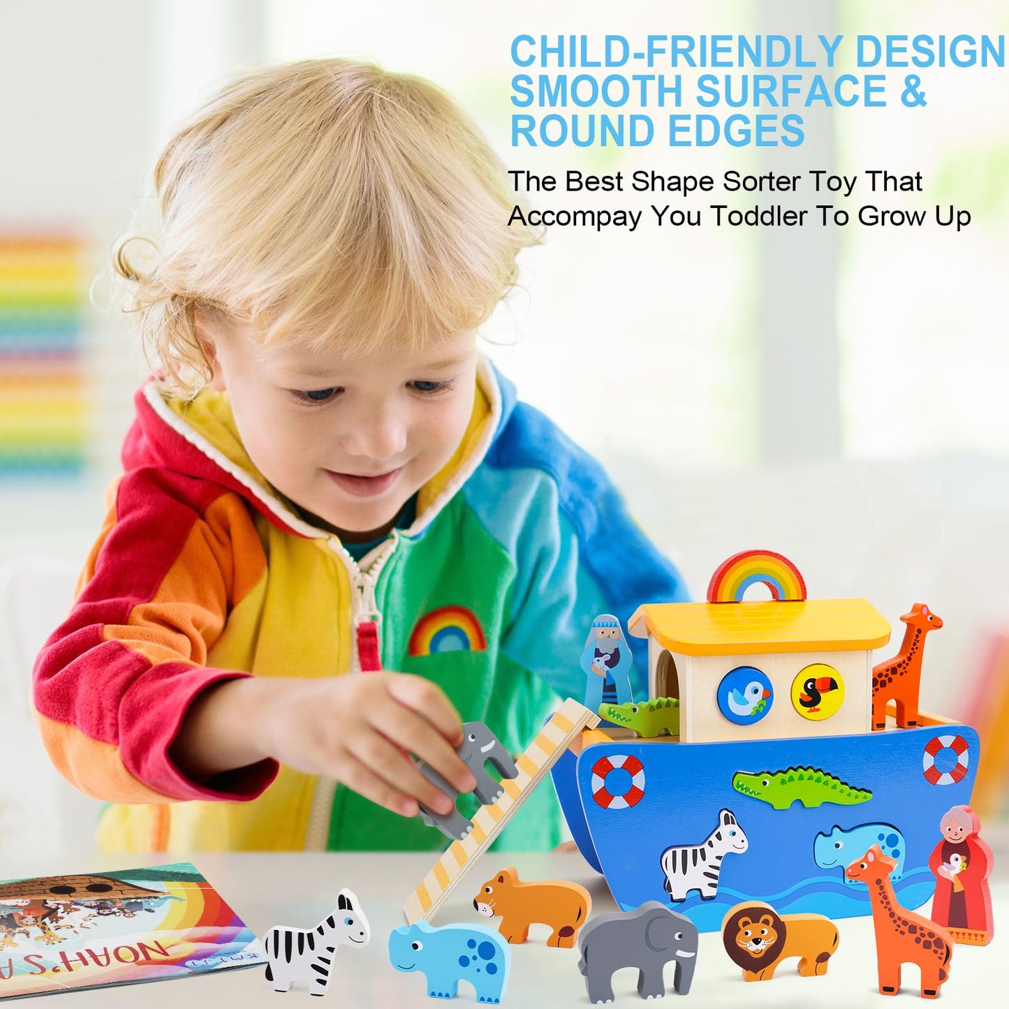 Toddlers Wooden Noah's Ark Toy Animal Playset, Baptism Gifts for 2 3 Boys Girls, Shape Sorter Early Learning Montessori Toys with Bible Story Book for 24 Months Babies