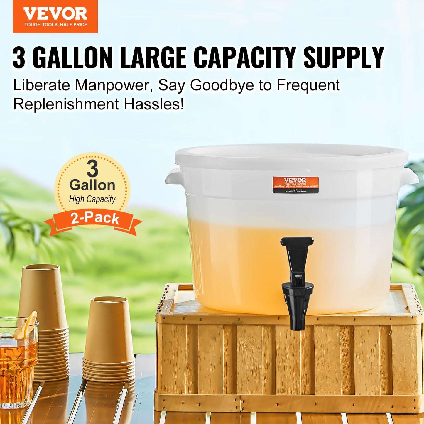 VEVOR Beverage Dispenser, 3 Gallon *2 Drink Dispensers for Parties, Plastic Juice Dispenser with Spigot and Lid, Iced Tea Lemonade Juice Water Dispenser, for Restaurants, Hotels, Parties, 2 Pack
