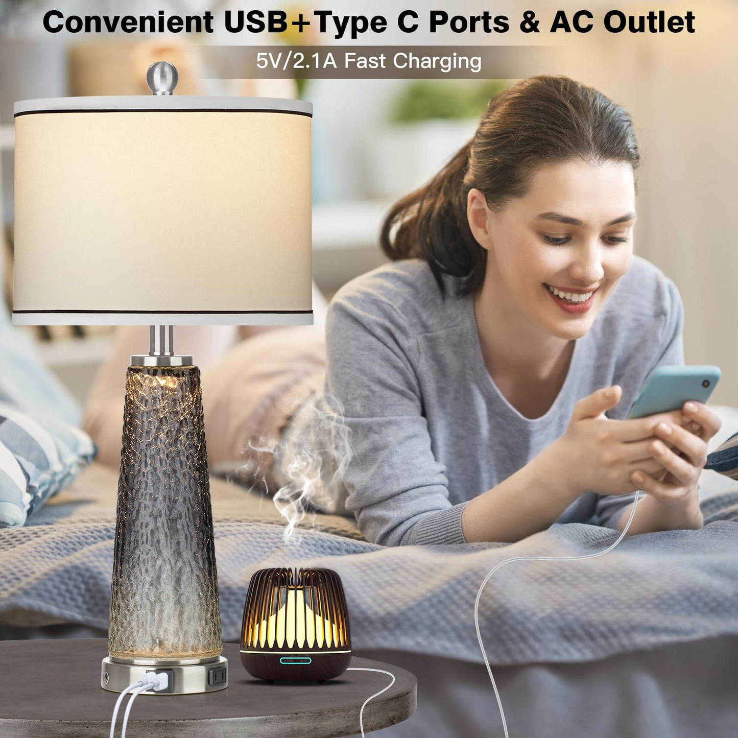 Glass Table Lamp Set of 2, 26" Modern Table Lamps with USB A+C Ports & AC Outlet, Touch Control Bedside Nightstand Lamp with LED Night Light for Living Room Bedroom Home Decor Black(4 Bulbs Included)