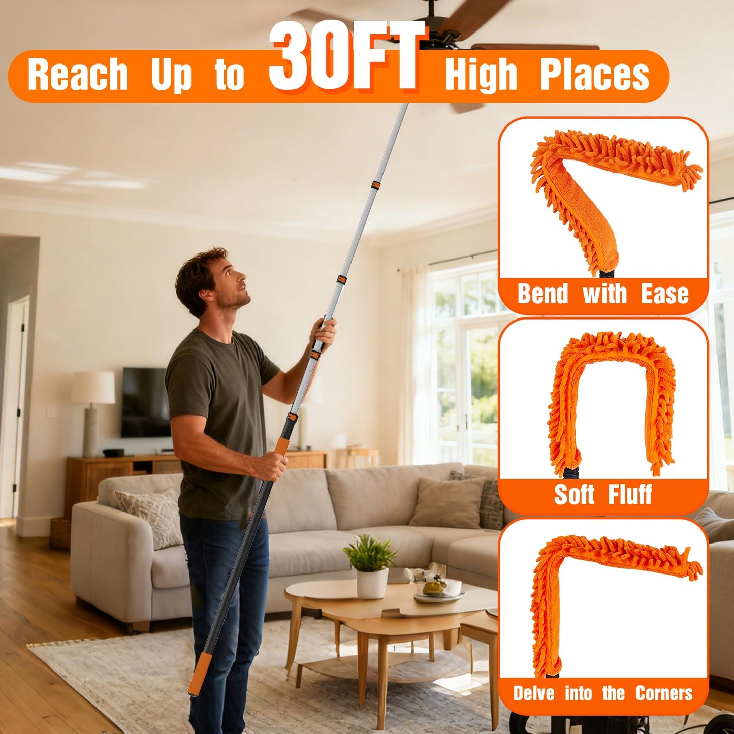 SISUPASSIE 30FT Reach High Ceiling Duster Kit, Window Cleaning kit with 5-24FT Extension Pole, Fan Duster for Ceiling Fan Blades, Microfiber Feather Duster, Rotatable Window Squeegee and Cobweb Duster