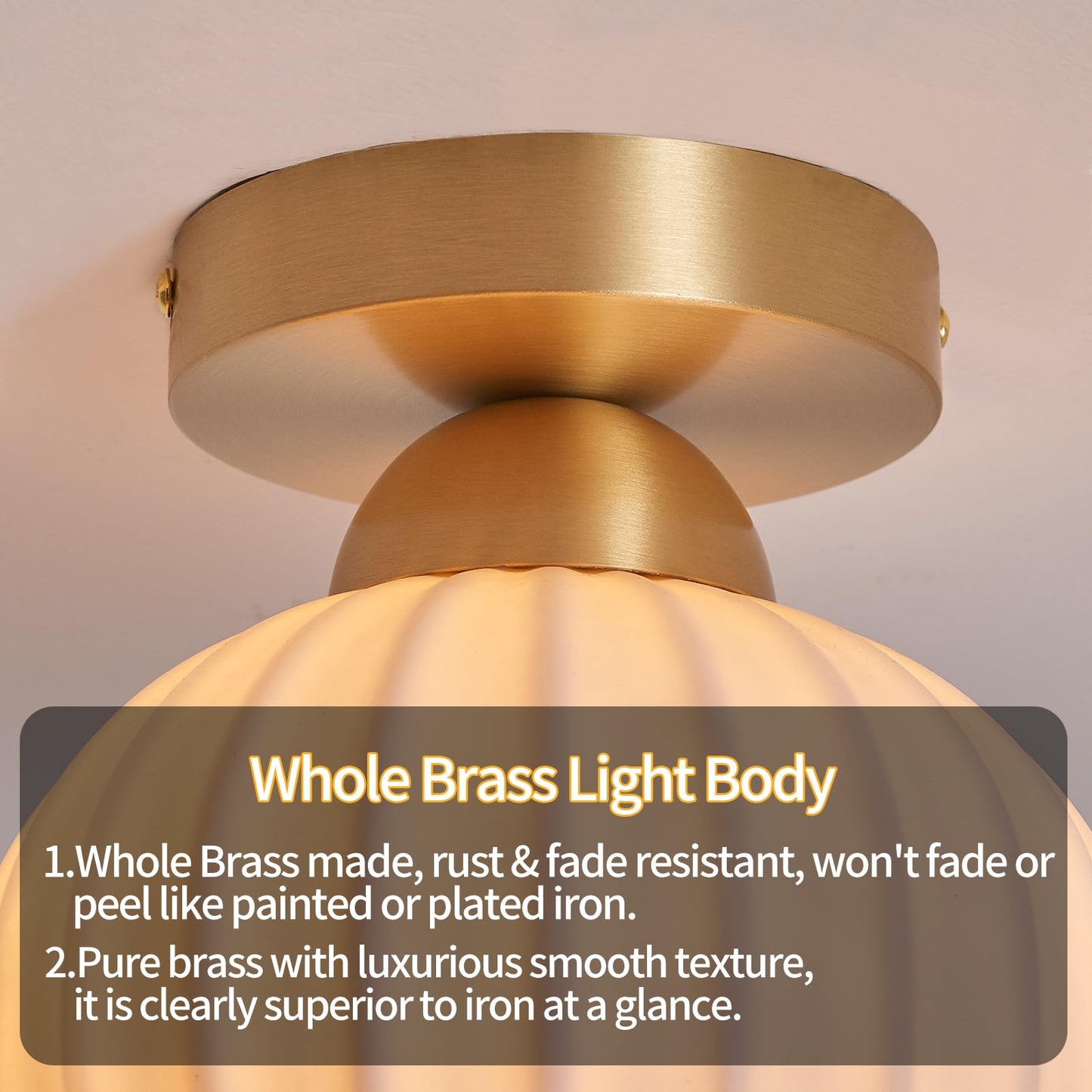 Fetason 2 Pack Ceramic Brass Semi Flush Mount Ceiling Light Vintage Hallway Light Fixtures, Modern Small Ceiling Mount Light Lamp for Hall Kitchen Entryway Passway Porch Foyer
