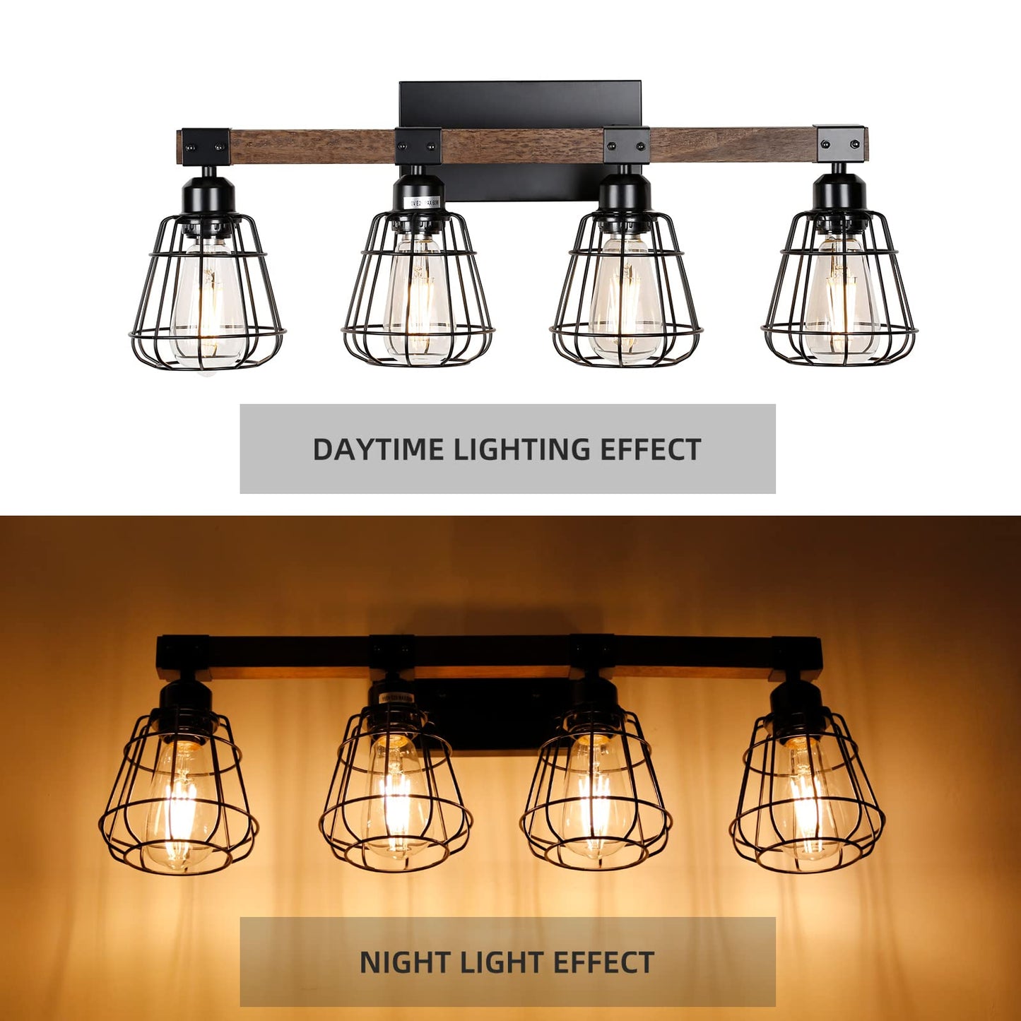 TELAFLY Bathroom Vanity Light Fixture,Rustic 4-Light Wood Wall Light,Industrial Bathroom Lighting Fixture Over Mirror,Modern Matte Black Metal Cage Wall Sconce for Hallway,Kitchen,Bedroom