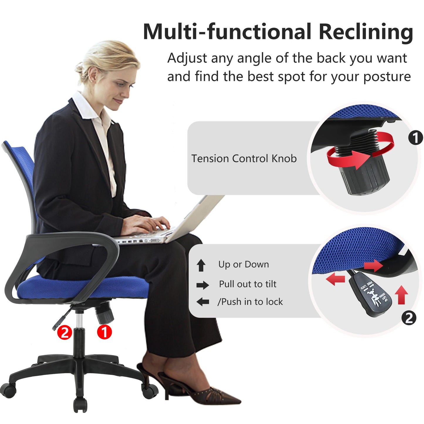 BestOffice | Ergonomic Office Chair | Mid-Back Swivel Desk Chair | Breathable Backrest & Lumbar Support | Adjustable Height | Sponge Seat | Rolling Wheels | Dark Blue | for Adults & Women
