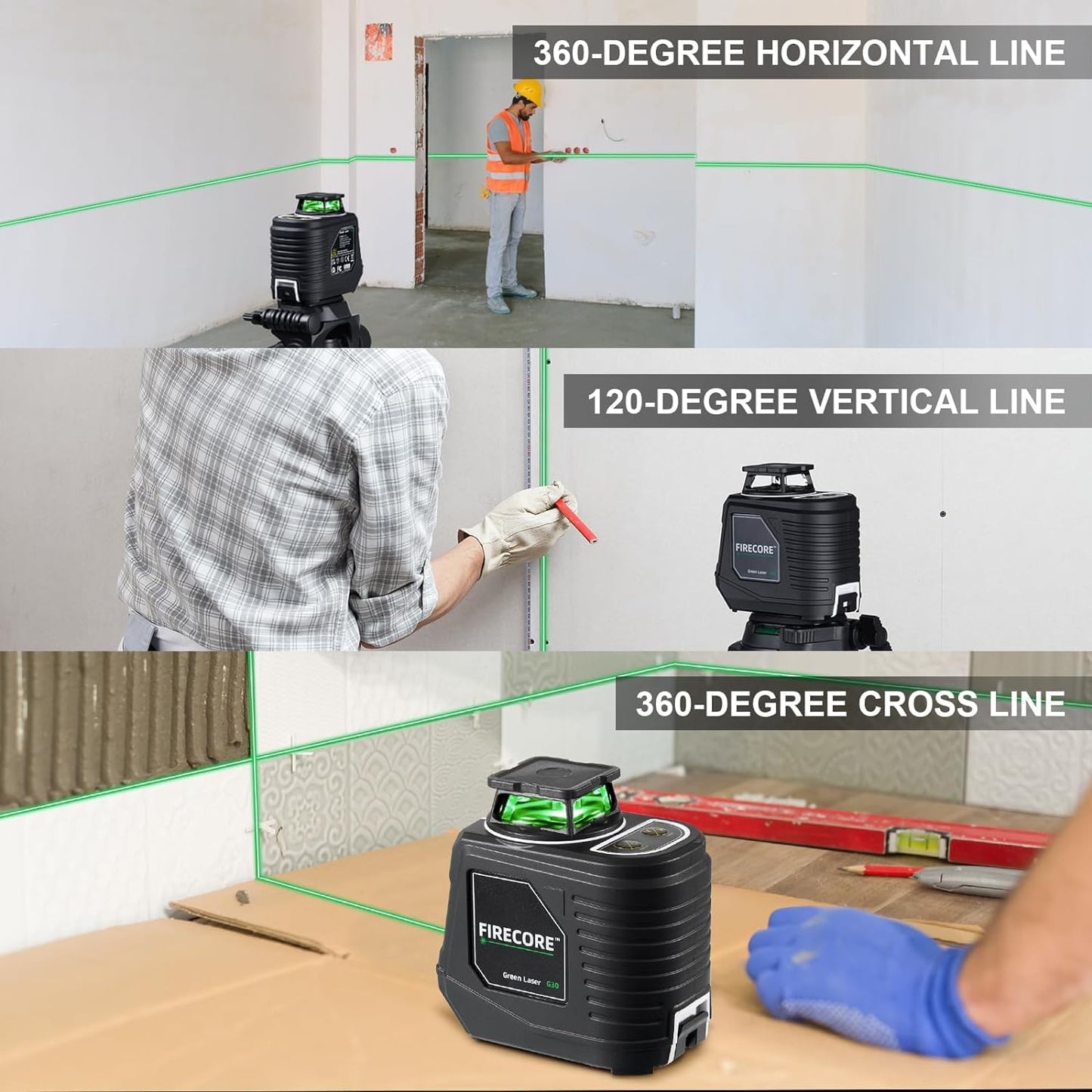 Laser Level with Tripod, Firecore 360° Self Leveling Cross Line Laser Level with Pluse Mode, Green Lazer Leveler tool for Hanging Pictures Wall Tile Construction, L-Bracket & Carry Pouch Included
