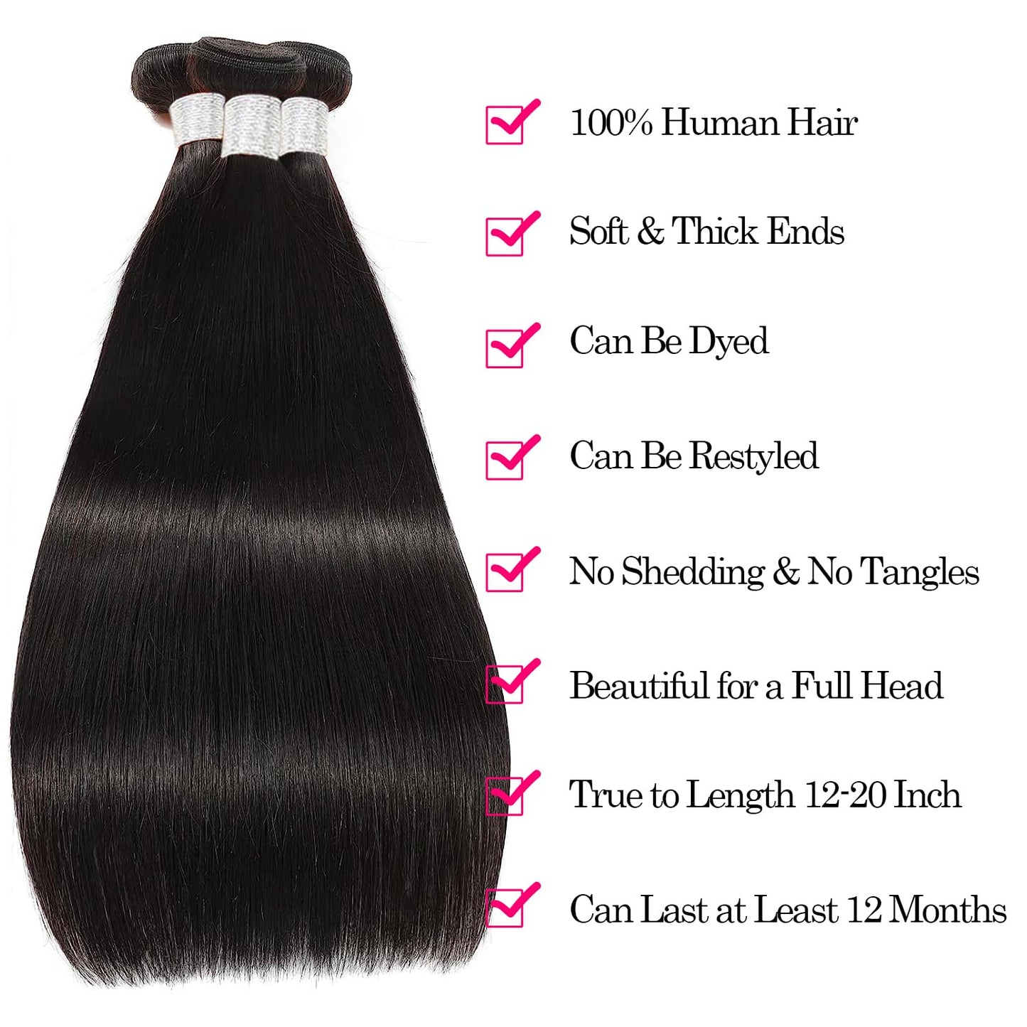 12A Human Hair Bundles - Straight 16/18/20 Inch, 3 Bundles, 100% Unprocessed Brazilian Virgin Hair, Double Weft, Natural Color