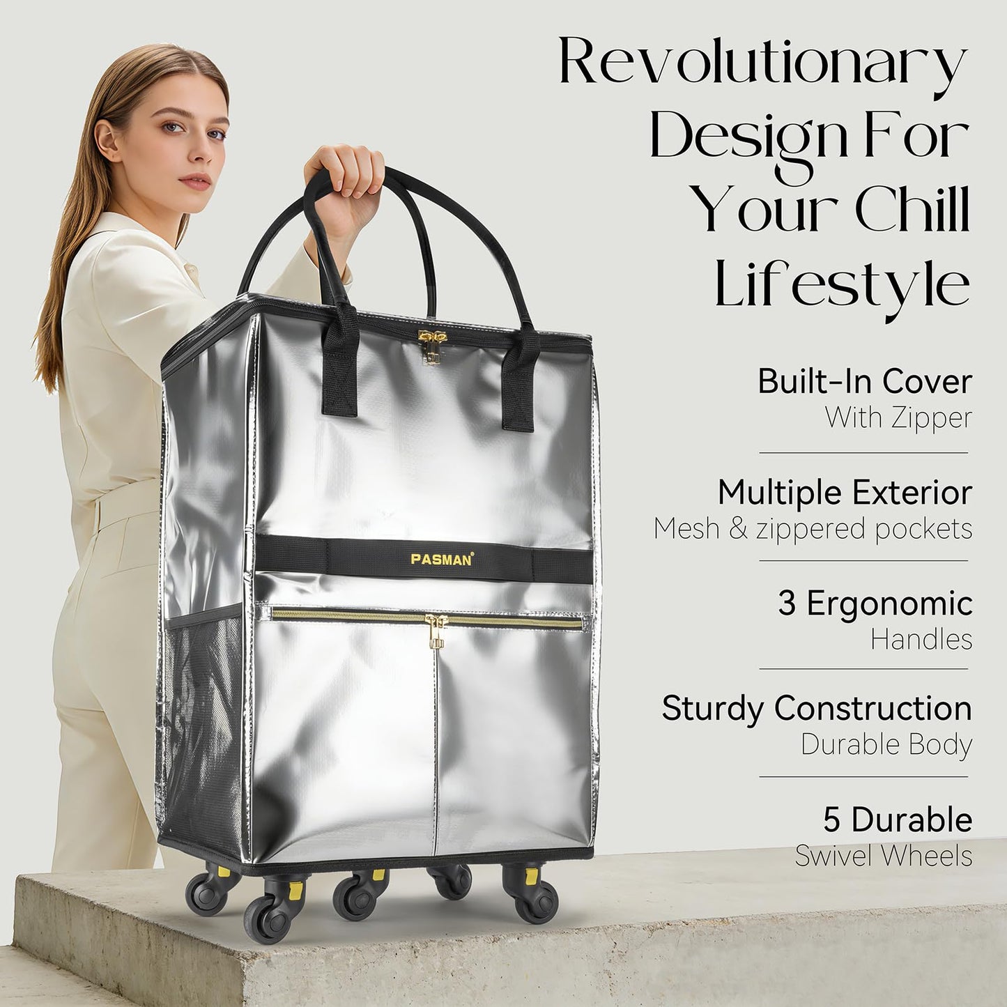 Reusable Grocery Bag on 5 Wheels, Foldable Rolling Tote Bag with Handle and Zipper Cover, Heavy Duty Shopping Cart for Laundry, Market & Travel (Black2, Medium_67L)
