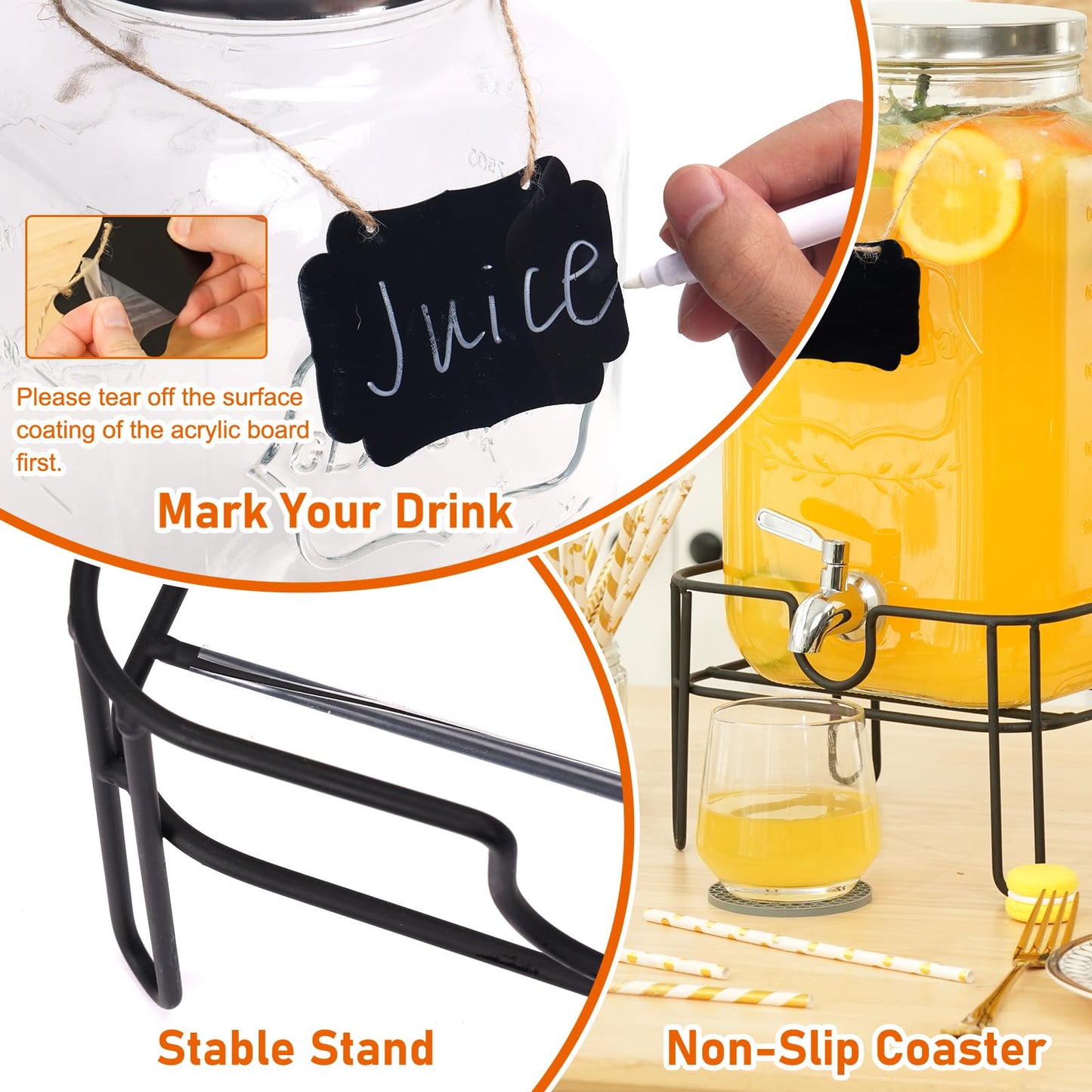 Moretoes 2 Gallon Glass Drinks Dispenser for Parties, 2 PACK Beverage Dispenser with Stand for Juice and Iced Tea, Water Jug Dispenser for Lemonade, Party Essential Beverage Pitcher with Spout