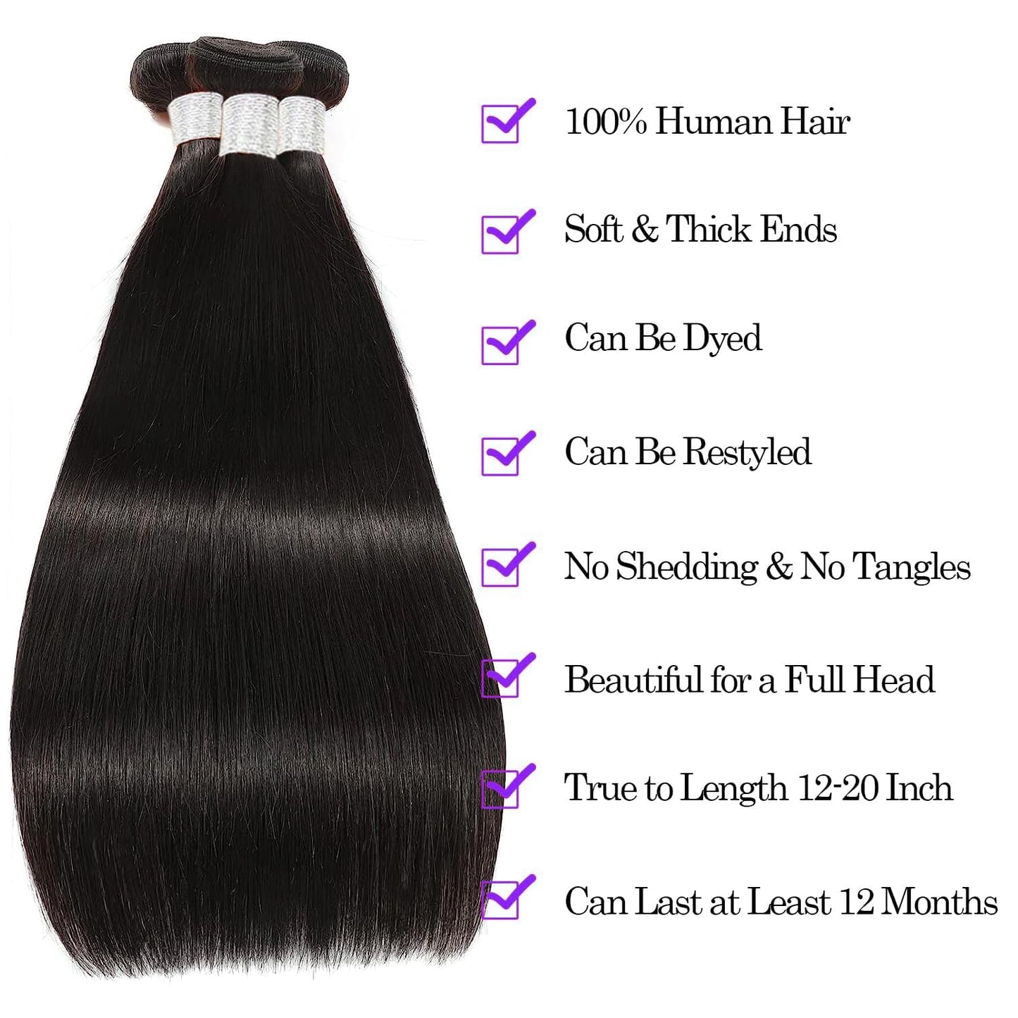12A Human Hair Bundles 14 16 18 Inch Straight Bundles Human Hair 100% Unprocessed Brazilian Virgin Hair Natural Color Straight Hair Extensions for Women