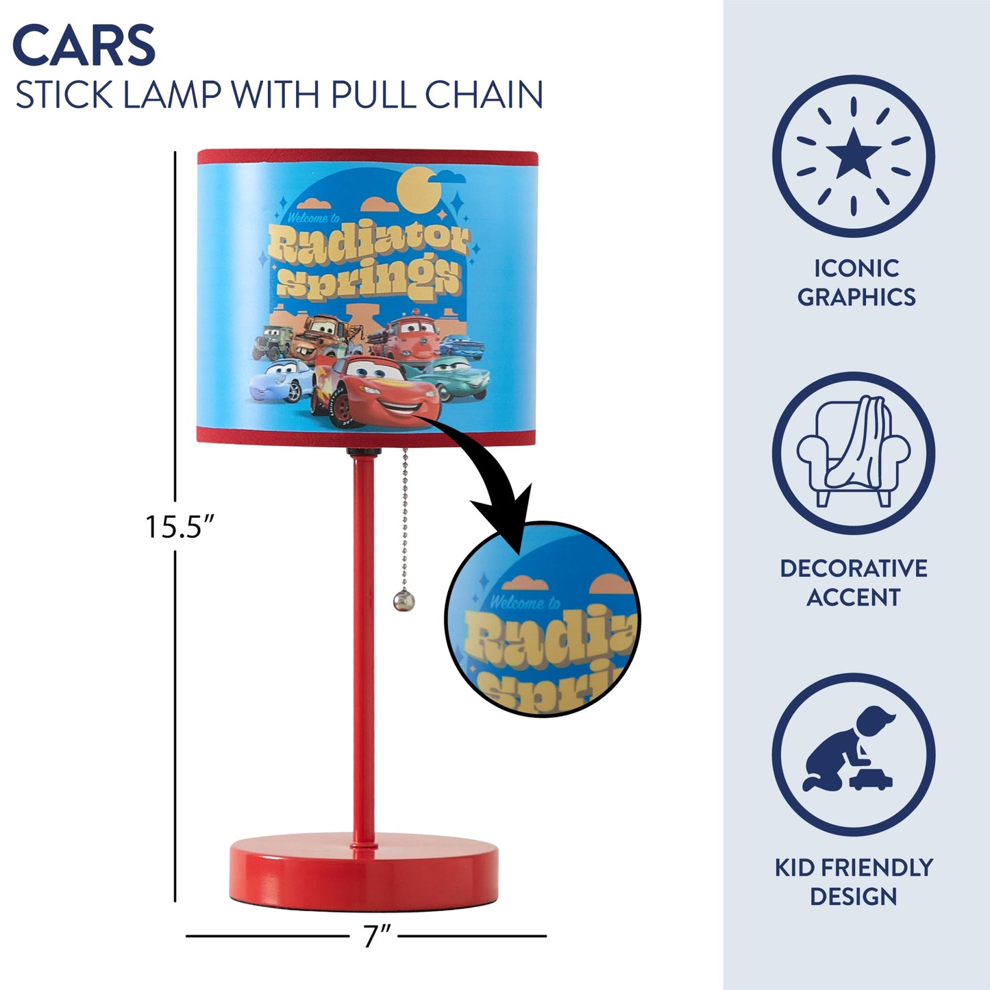 Idea Nuova Table Lamp for Kids, Stick Lamp with Printed Shade & Pull Chain, Bedroom or Nursery Nightstand Lighting,Cars