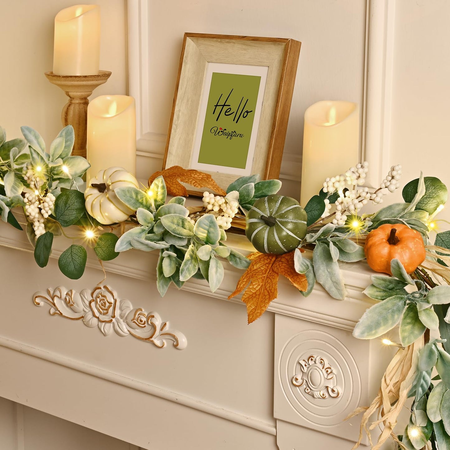Fall Decor,Fall Garland for Mantel, 6 FT Fall Garland with Light, Lighted Autumn Garlands with Faux Lamb's Ear & Pumpkins, Thanksgiving Table Centerpiece, Fall Decorations for Home Porch Fireplace