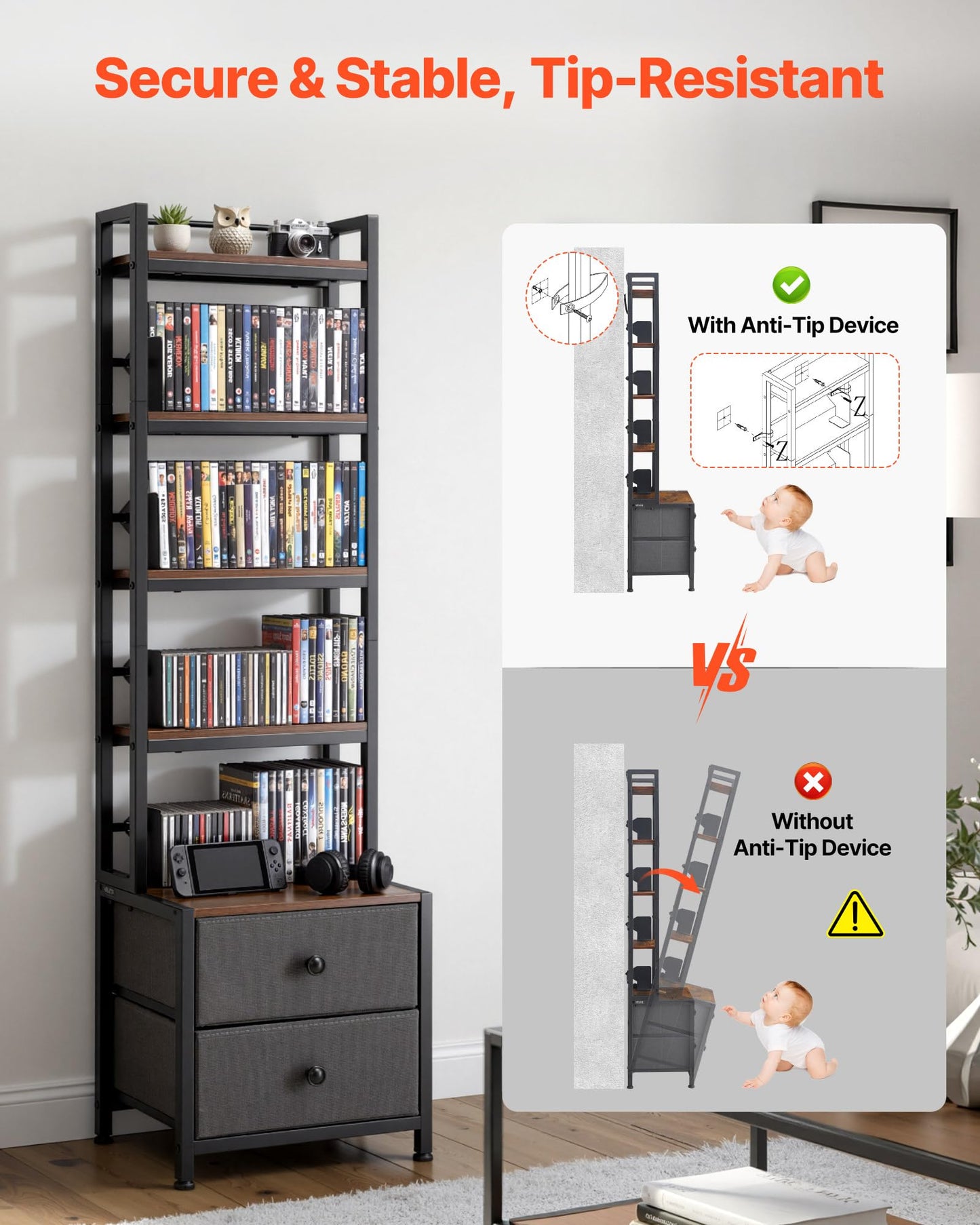 VEVOR Media Storage Cabinet, 4-Shelf DVD Shelf Organizer with Drawers, 15.75 x 11.81 x 56.50 in Multimedia Storage Organizer for CDs, DVDs, Books and Games, CD Cabinet for Living Room, Home Office