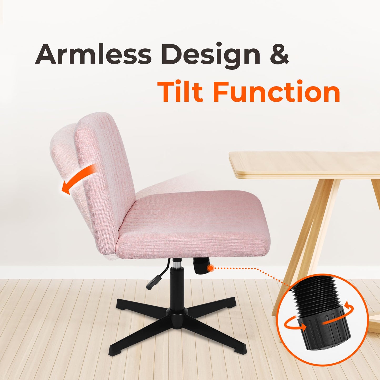 NEO CHAIR Criss Cross Chair No Wheels Armless Cross Legged Office Desk Wide Comfy Vanity Makeup Chair Adjustable Computer Task for Home Office Fabric (Pink)