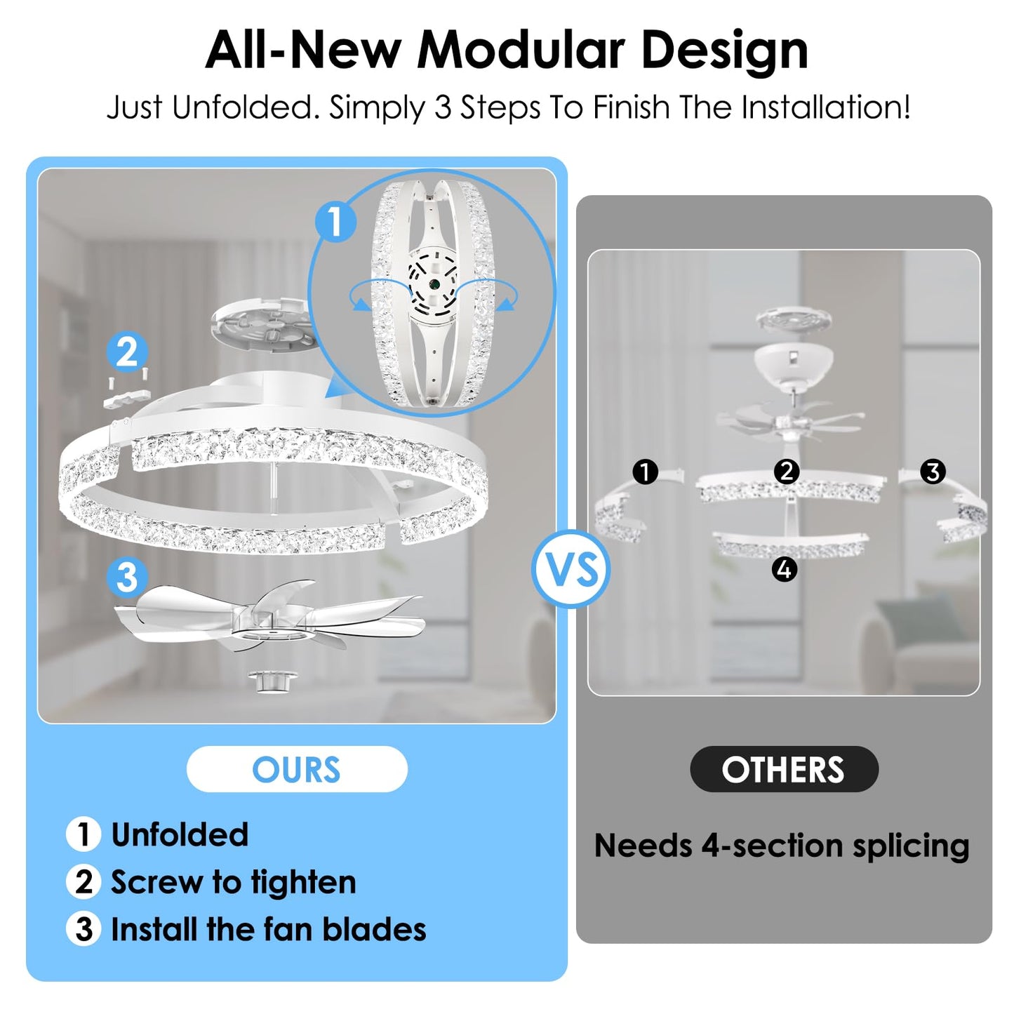 Ceiling Fans with Lights，18" Low Profile Ceiling Fan with APP and Remote Control, 3000-6000K & Brightness Dimmable Fandelier Flush Mount LED Fan Light For bedroom,office Living room- Diamond White
