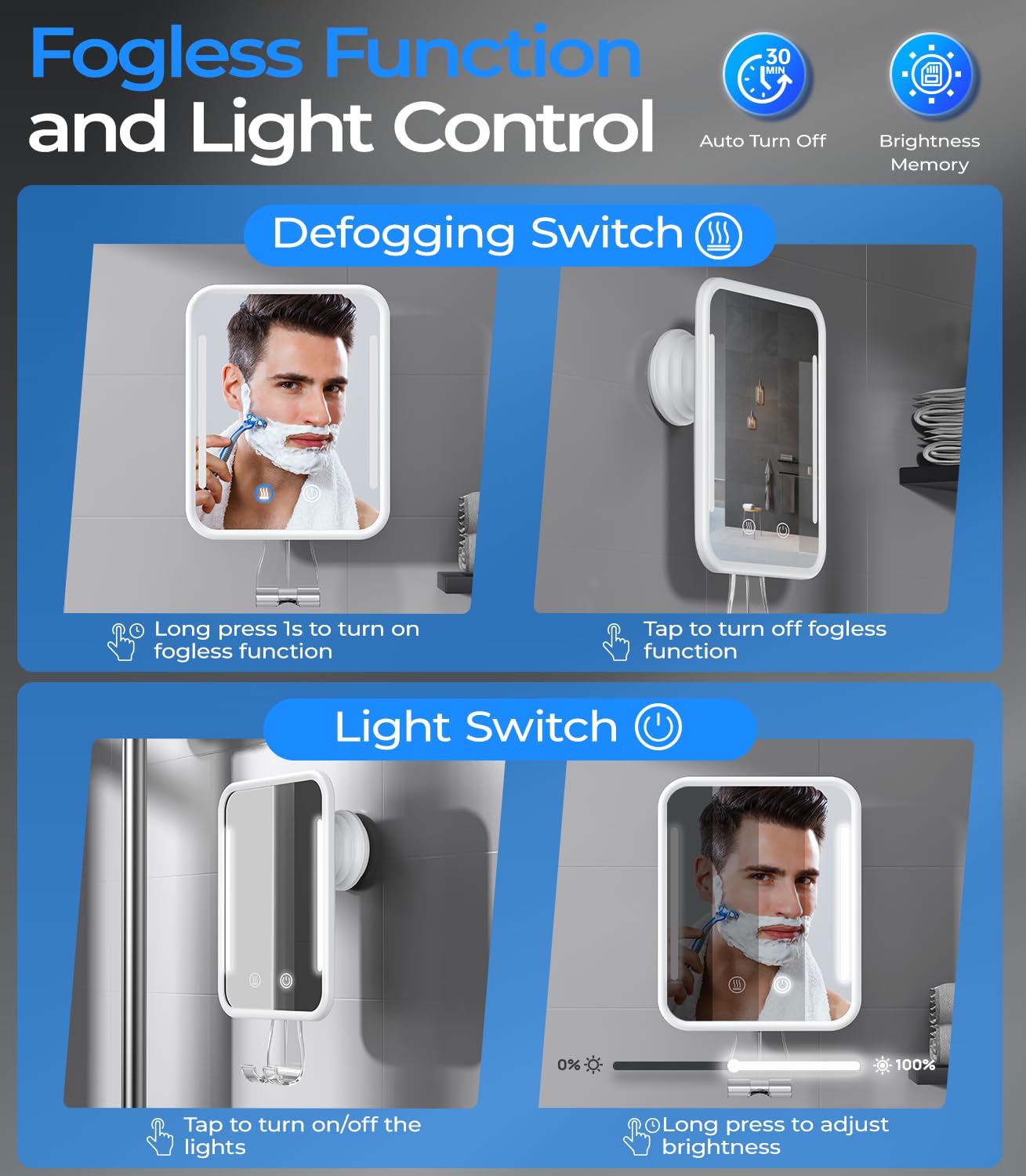 Gospire Heated Shower Mirror Fogless for Shaving with Light, 5000mAh Rechargeable Battery, Detachable Suction Cup and Razor Holder for Wall, NO-Drilling, Removable, Waterproof for Bathroom - White