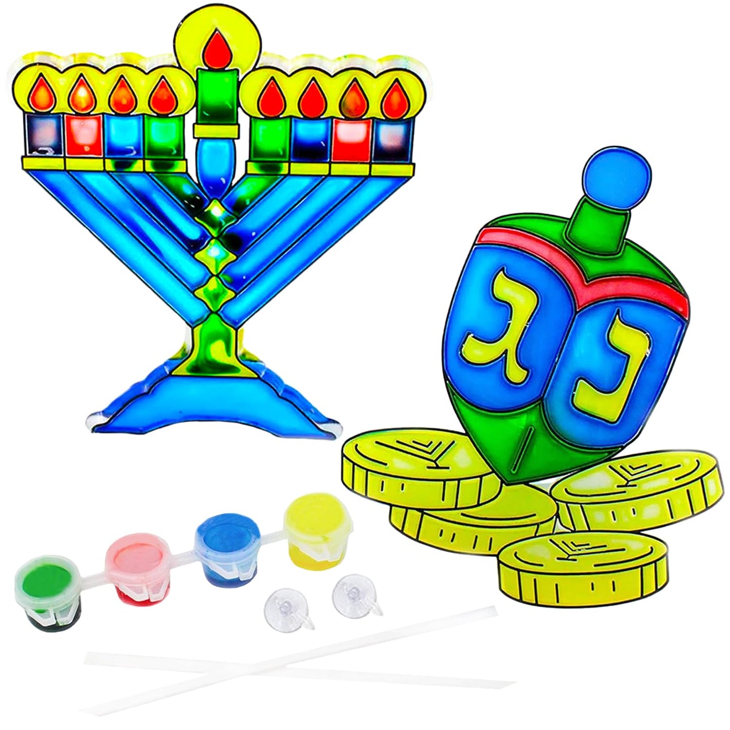 The Dreidel Company 12-Pack Hanukkah Sun Catcher - Stained Glass Look - Paint Your on Menorah and Dreidel - Fun and Educational (12-Pack)