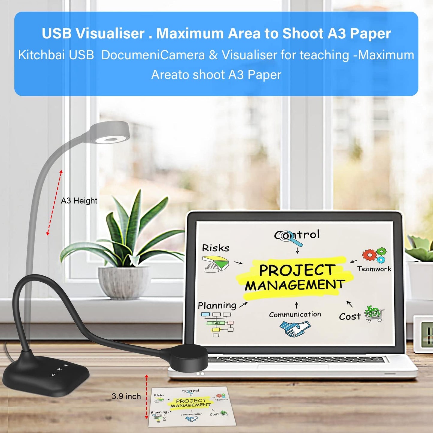 kitchbai Document Camera for Teachers, Webcam and Overhead Camera for Classroom with Mic, LED Lights, Image Invert, Fold for Mac OS, Windows, Zoom, OBS Work with Distance Learning/Teaching, Live Demo
