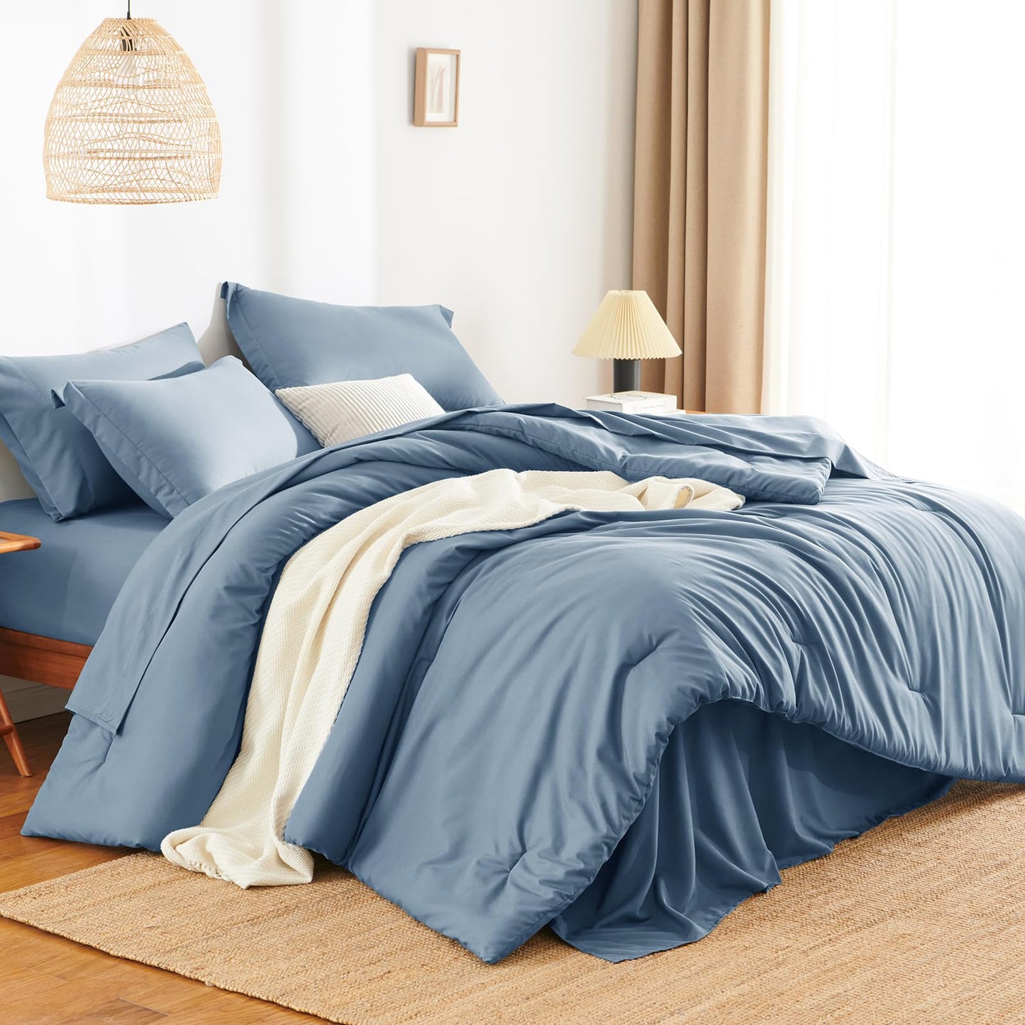 HIMEET Queen Size Comforter Sets - 7 Pieces Bed in a Bag Queen, Luxury Comforter Set with Sheets for All Season, Bed Set with Comforter, Flat Sheet, Fitted Sheet, Pillowcases & Shams, Grayish Blue