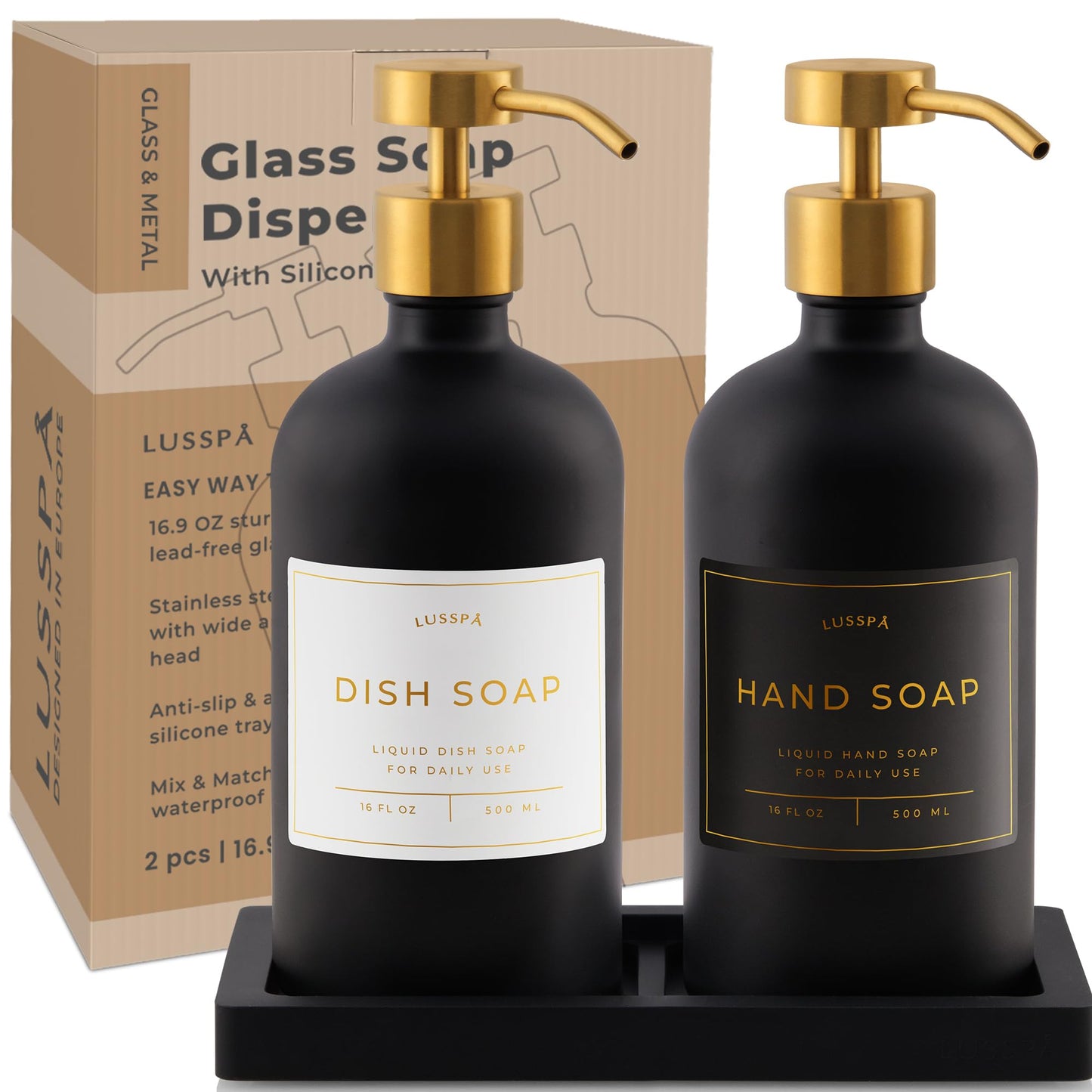 Glass Soap Dispenser Set of 2 (Black) with Silicone Tray | Hand and Dish Soap Dispenser for Kitchen and Bathroom | 16.8 Oz Glass Bottles with Stainless Steel Pump & 15 Waterproof Labels (Black/Gold)