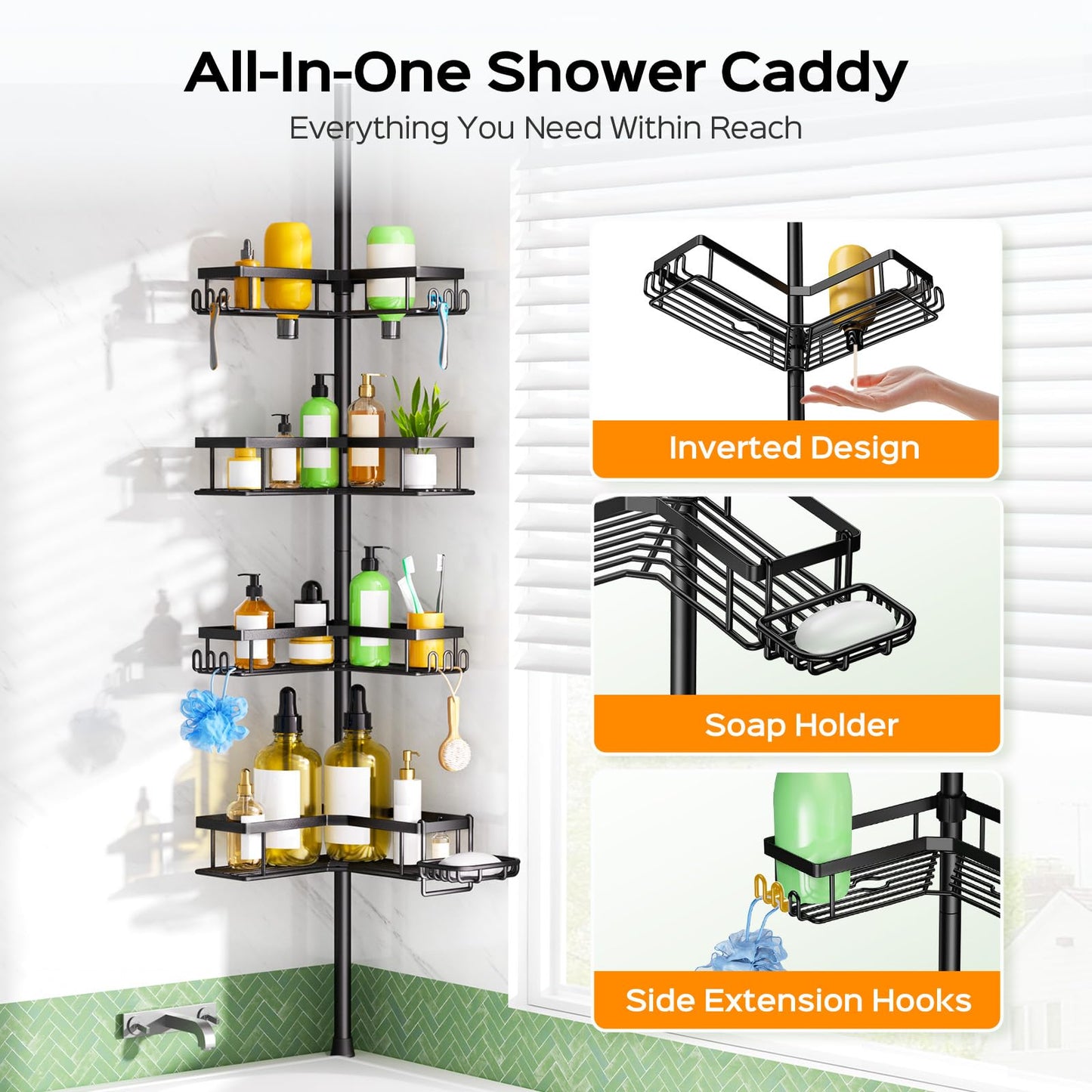HAMITOR Shower Caddy Tension Pole: 4-Tier Corner Rustproof Bathroom Organizer with Soap Holder & Hooks - No-Drill Adjustable Shower Shelf for Renters - Family Stand Storage Rack - 47-123 Inch Black