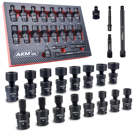 AKM TOOL 3/8" Drive Universal Impact Socket Set, 20 Piece Swivel Socket Set, Universal Joint Socket 6-Point, Metric, 8-22mm, Cr-Mo,with Extension Bars, Socket Adapter, Drill Bit Adapter