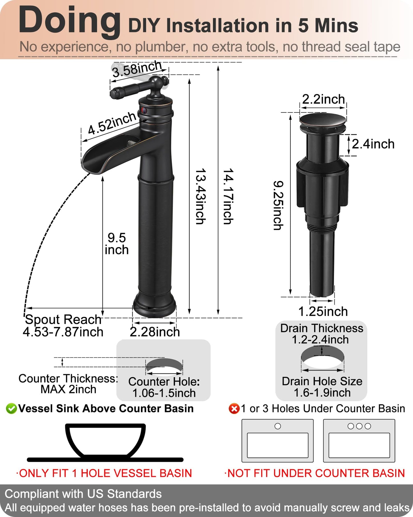 HOIGY Brass Vessel Sink Faucet Oil Rubbed Bronze, Waterfall Tall Bathroom Faucet 1 Hole with Single Handle, Pop-Up Drain & Water Hose for Farmhouse Vanity Restroom Vessel Bowl Sink, 5 Mins Install