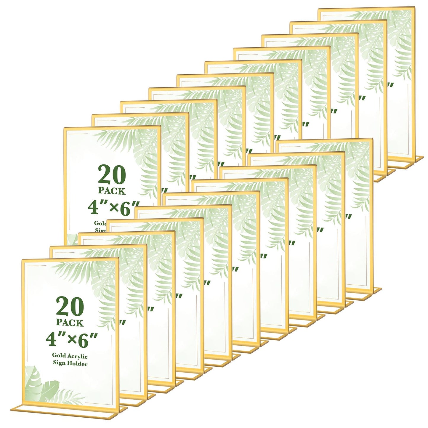 Alffun 20 Pack Gold Acrylic Sign Holders 4x6 Inch, Double Sided Vertical Stand Clear Picture Frames, Table Menu Display Holders for Wedding Table Numbers, Restaurant Signs, Party and Office Photos