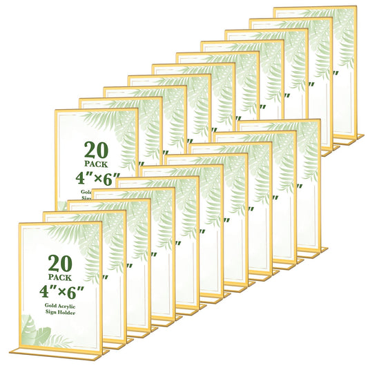 Alffun 20 Pack Gold Acrylic Sign Holders 4x6 Inch, Double Sided Vertical Stand Clear Picture Frames, Table Menu Display Holders for Wedding Table Numbers, Restaurant Signs, Party and Office Photos