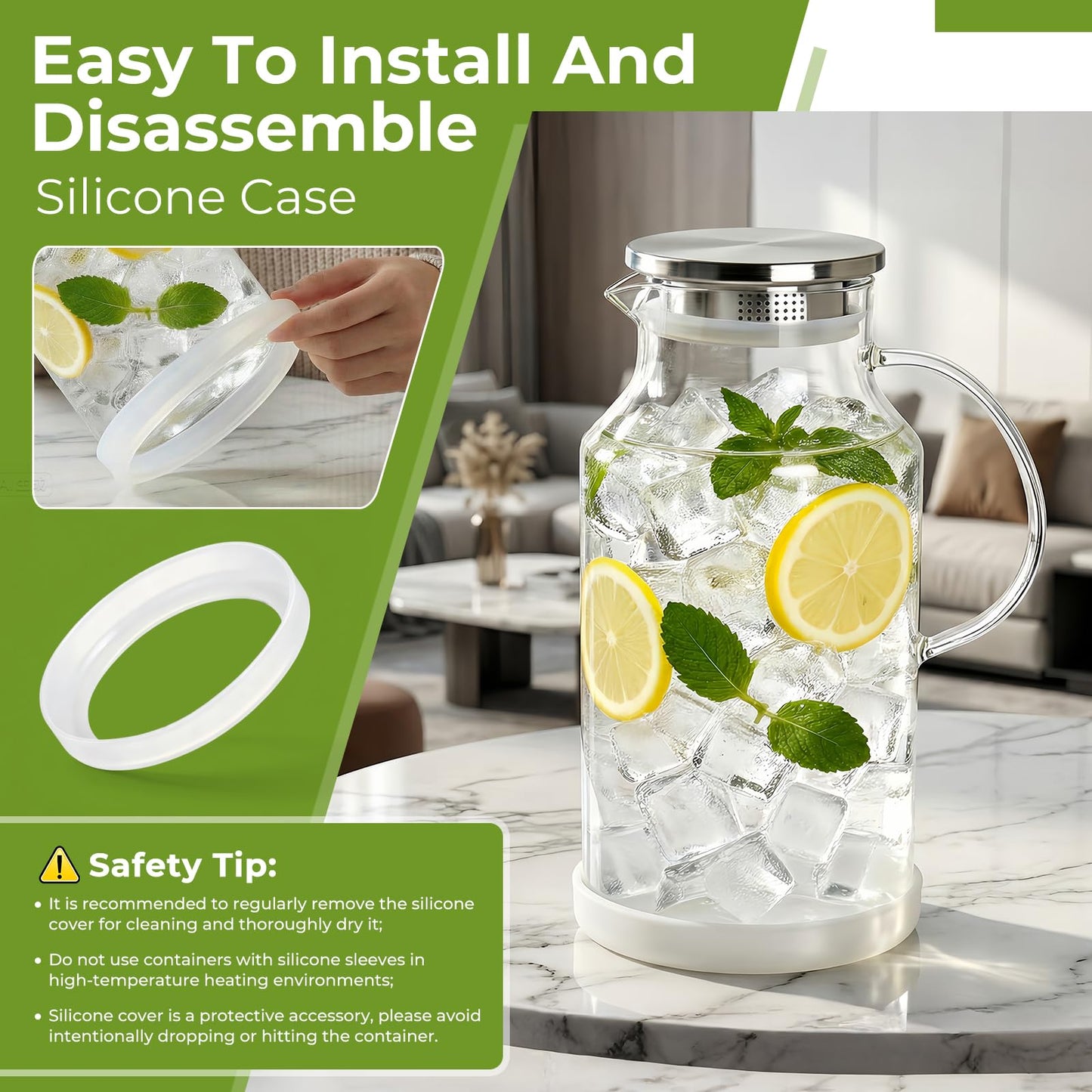 1 Gallon/3.8L Glass Pitcher with Lid, Extra Large Water Carafe Jug, Borosilicate Glass Iced Tea Pitcher, Glass Water Pitcher with Silicone Base, Leak-proof Ring & Cleaning Brush Included (Transparent)