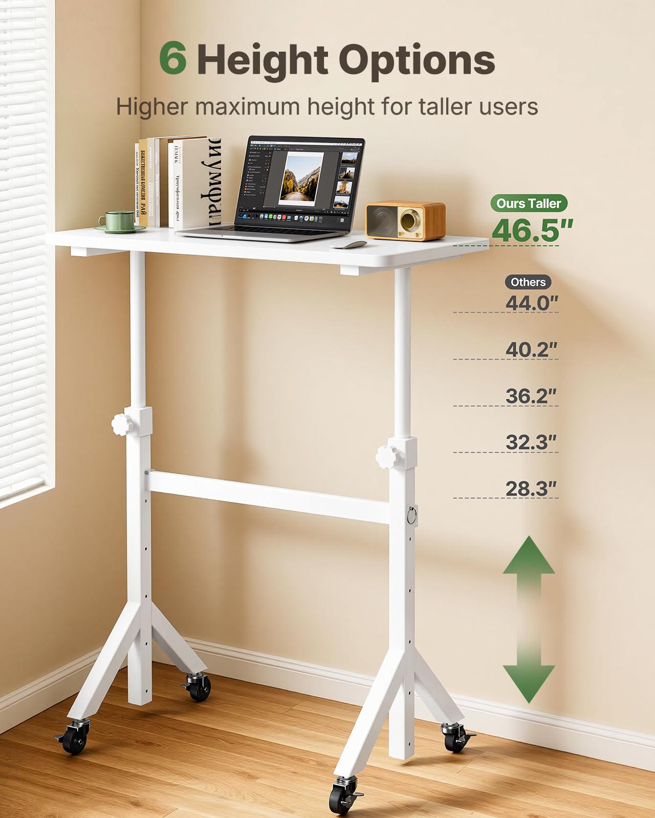 Marsail Mobile Stand Up Desk with Wheels, Adjustable Height Desk from 28.3″ to 46.5″, Rolling Standing Desk with Lockable Wheels, Portable Small Desk for Walking Pad and Treadmill, White