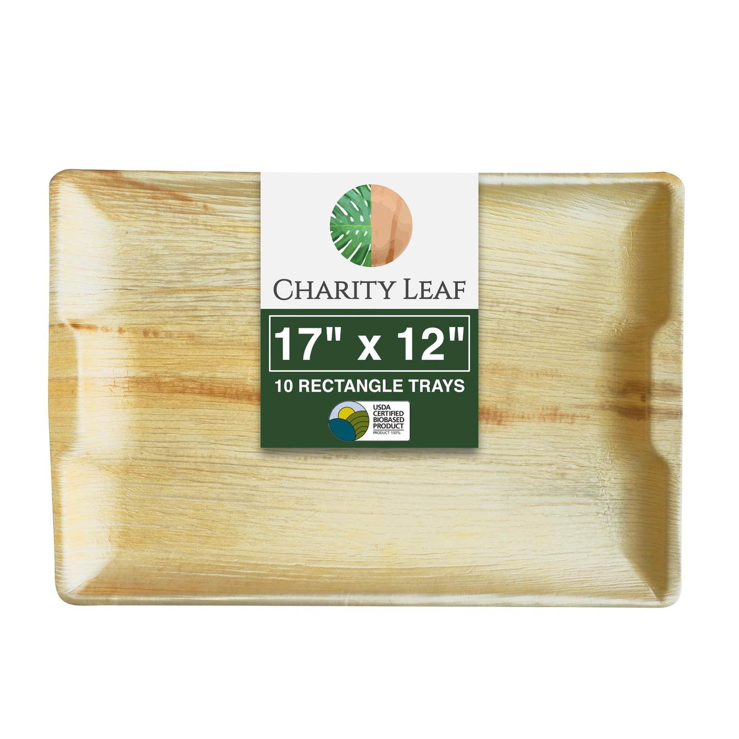 Charity Leaf Disposable Palm Leaf 17" x 12" Rectangle Trays (10 Pieces) Bamboo Like Serving Platters, Disposable Boards, Eco-Friendly Dinnerware for Weddings, Catering, Events