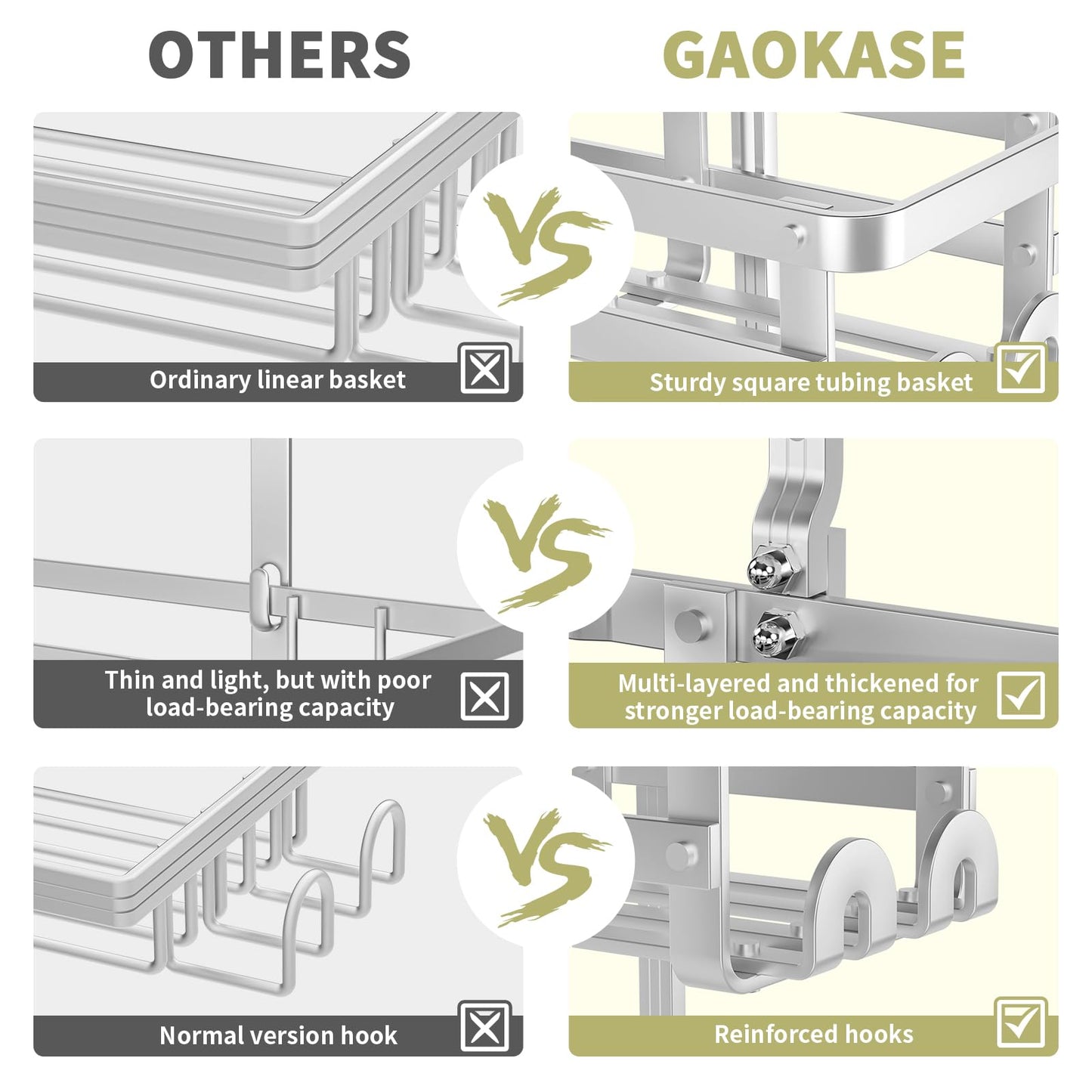 GAOKASE Aluminum Shower Caddy Hanging, Never Rust Shower Organizer- 4 Levels with adjustable Height 10 Hooks for Razor/Sponge - Rack with Soap Basket (Silver)