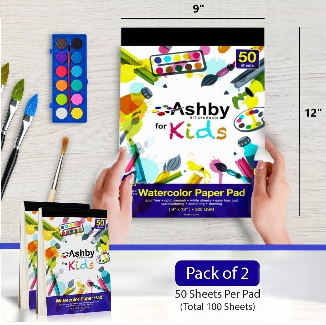 Ashby for Kids - Premium Quality Watercolor, Drawing, Finger Paint and Sketch Paper (220 GSM) - Each Pad Contains 50 Glue Bound Sheets for Easy Removal (2 Pads (100 Sheets) - Natural White)