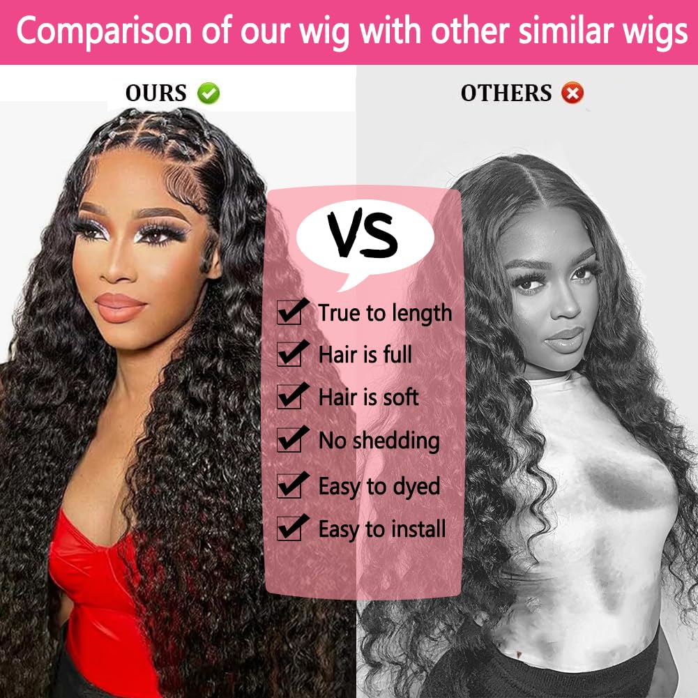 GYAJEP 32 inch Deep Wave Lace Front Wigs Human Hair 13x6 HD Lace Front Wigs Human Hair Pre Plucked 180% Density Deep Wave Wig Human Hair with Baby Hair Natural Color