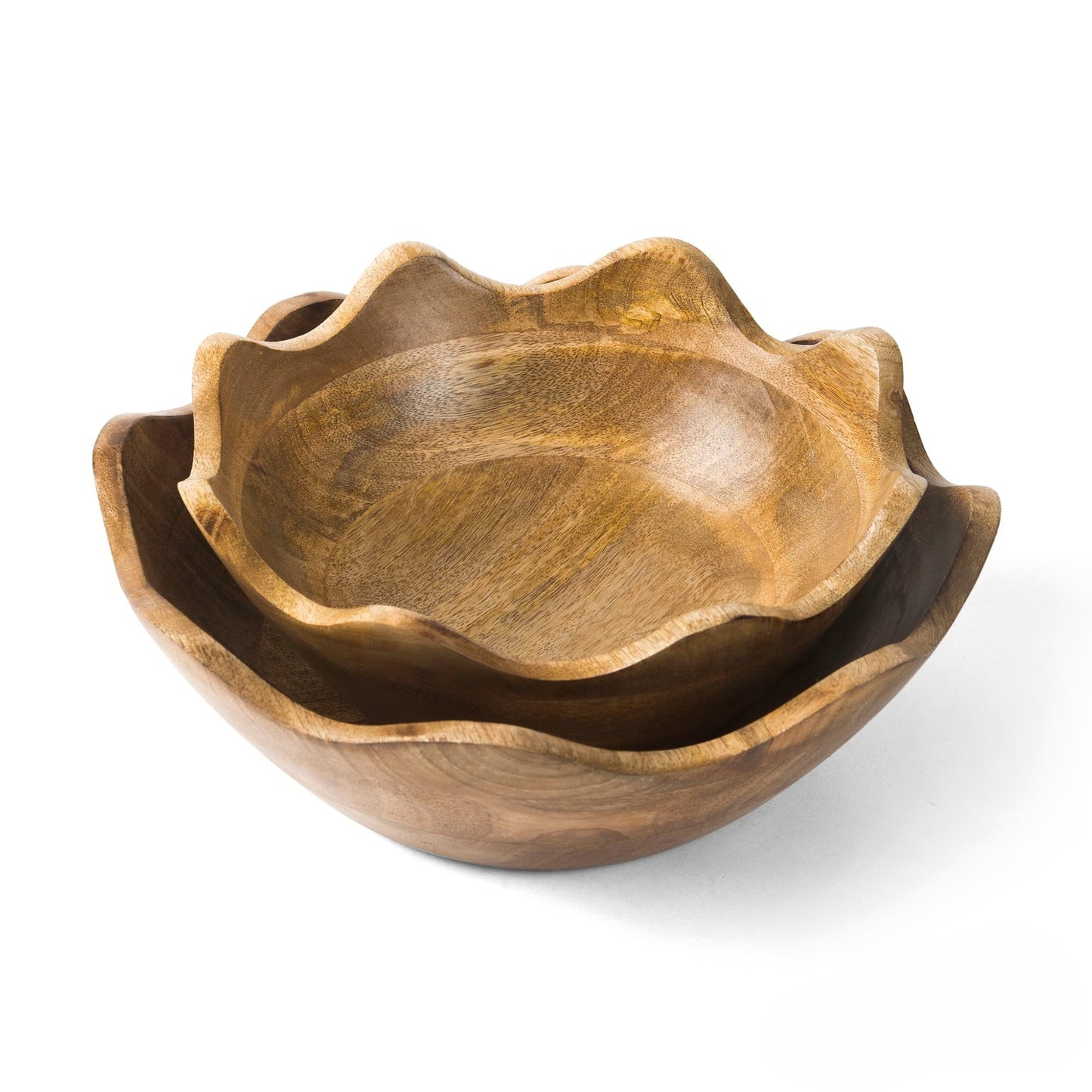 Mela Artisans Scalloped Decorative Wooden Bowls Set of 2 |12 Inch &10 Inch Mango Wood Fruit | Serving Bowls | Natural Grain Texture | Kitchen Counter | Snacks | Desserts | Bread | Handcrafted Decor