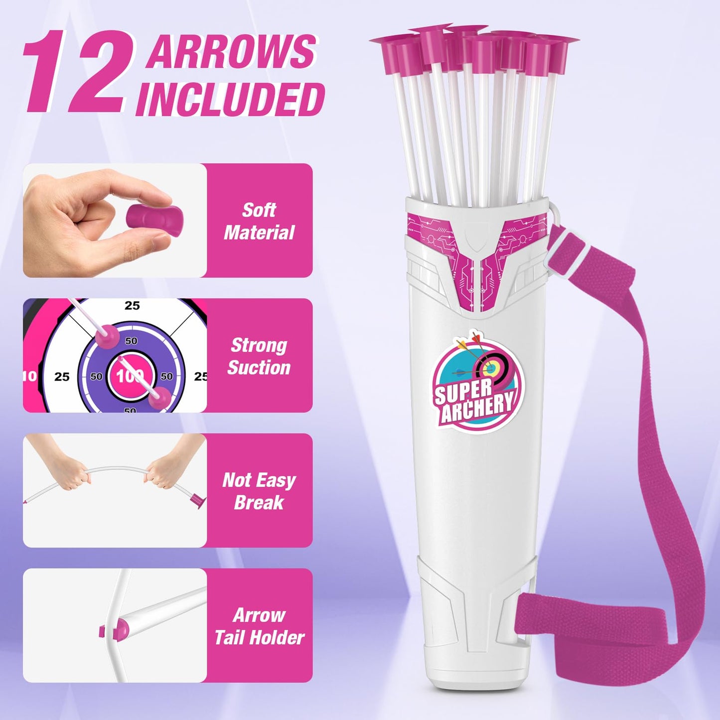 HYES Bow and Arrow for Kids, LED Light Up Archery Set with 12 Suction Cup Arrows, 3 Score Targets, 1 Hanging Target & Quiver, Indoor Outdoor Sport Toys Gifts for Girls Boys Ages 4-12, Purple