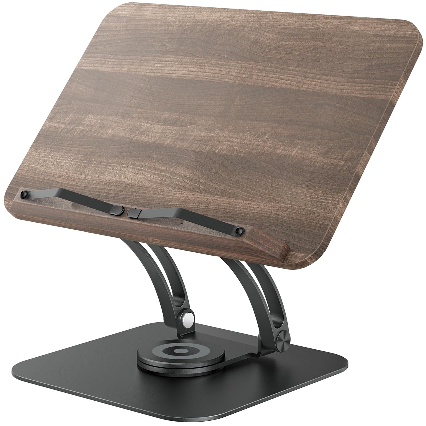 Tounee Book Stand for Reading, Adjustable Book Holder with 360° Swivel Base, Foldable Cookbook Stand Recipe Book Holder with Elastic Page Clips for Music Scores, Recipe, Tablet, Laptop-Black