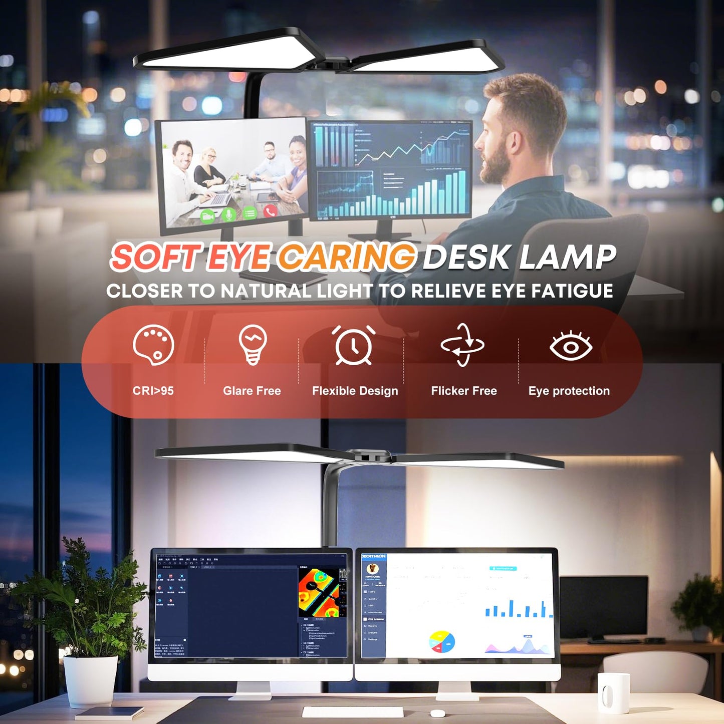 Ultra-Large Dual-Source Clamp-On Gooseneck Desk Lamp | 5000 Lumen LED Study Light with Flexible Arms, 5 Brightness & 4 Color Modes for Home Office/Reading/Gift