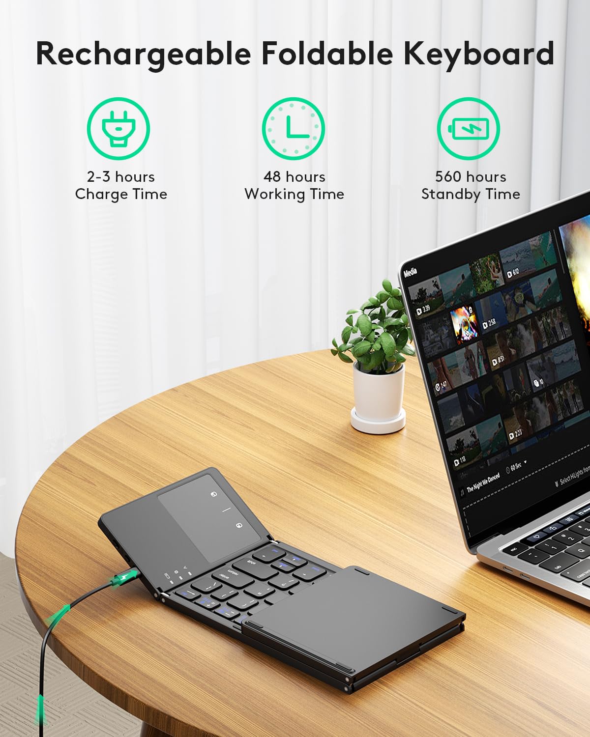 Samsers Foldable Bluetooth Keyboard with Touchpad - Portable Wireless Keyboard with Holder, Rechargeable Full Size Ultra Slim Pocket Folding Keyboard for Android Windows iOS Tablet & Laptop - Black
