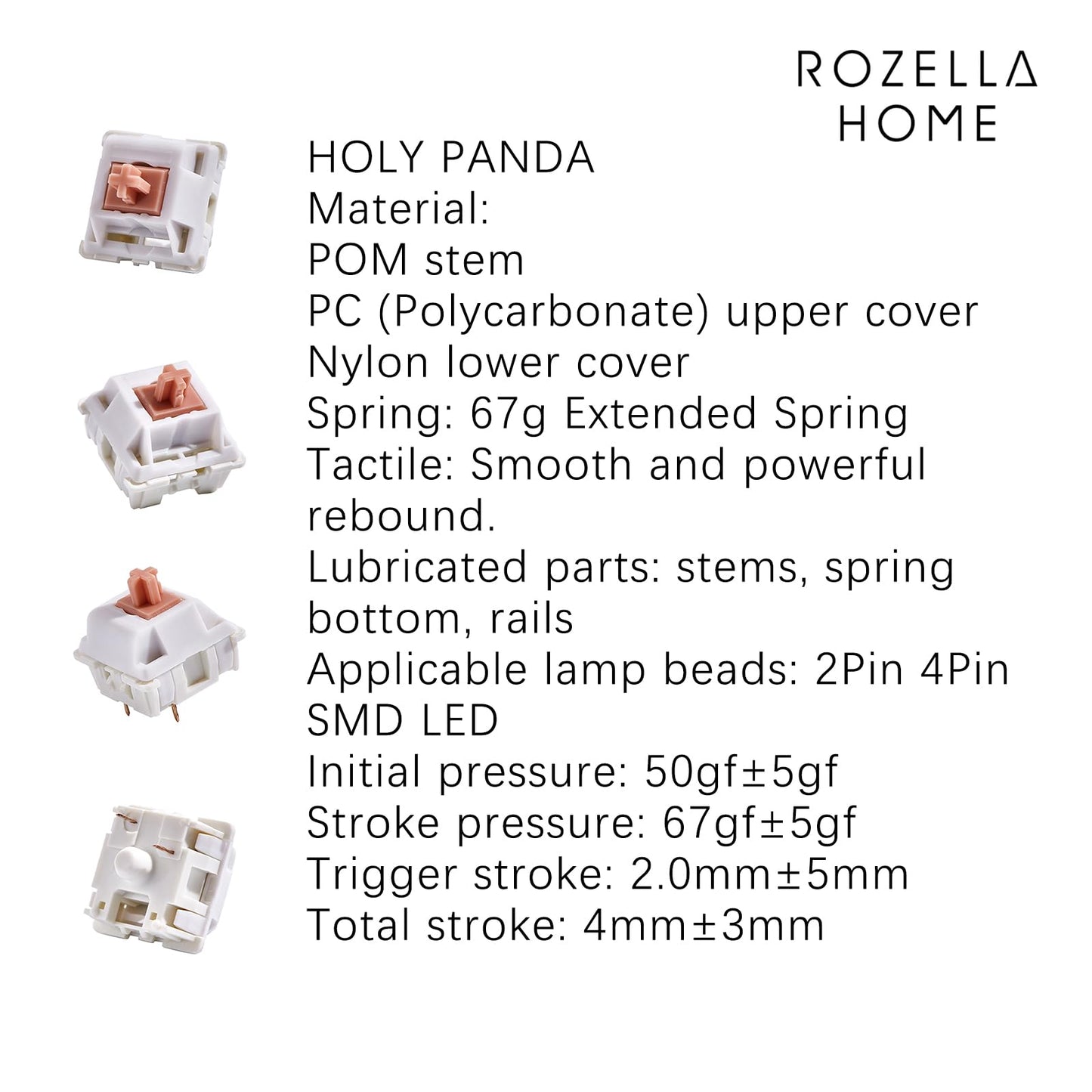 ROZELLA HOME Holy Panda Mechanical Keyboard Switch, 3Pin, 67g Extended Spring, Enhance Tactile Plate Mounted MX Switch(70 Pack)