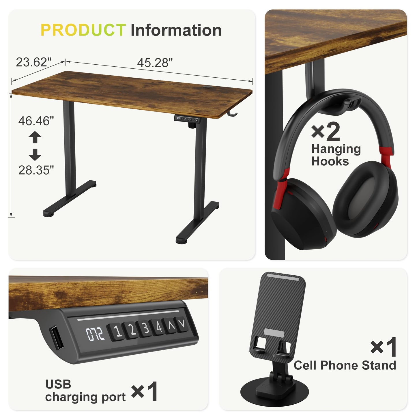 Furmax Electric Standing Desk, 45 x 24 Inches Sit Stand up Desk, Sit Stand Height Adjustable Home Office Desk with 4 Height Position Memory - with Splice Board (Rustic Brown, 45)