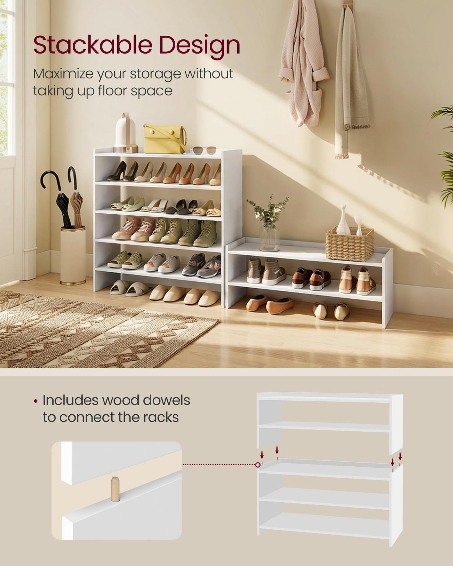VASAGLE Shoe Rack for Closet, Stackable Shoe Organizer Shelf for Entryway, 2 Tiers, 11.7 x 32.3 x 14.2 Inches, White ULBS060WZ01S