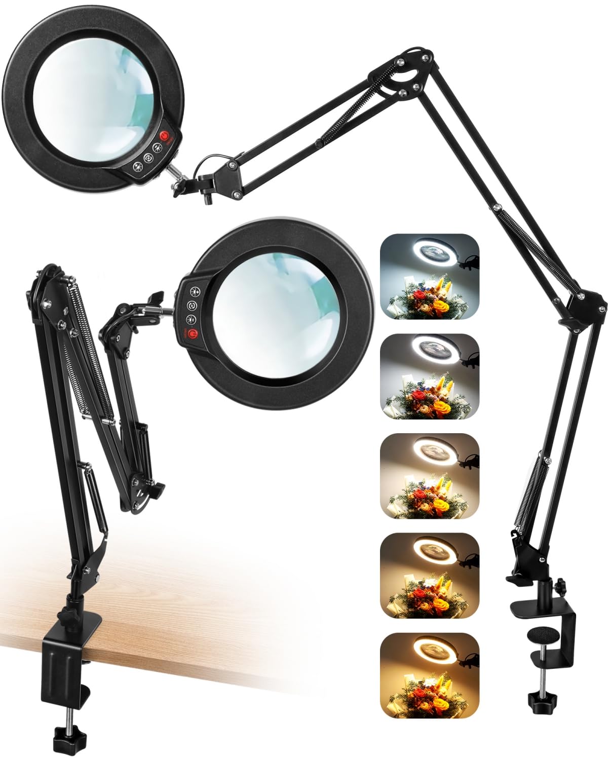 12X Magnifying Glass with Light and Clamp, Ultra Long 3 Section Swing Arm LED Desk Lamp, Real Glass Lens, 5 Color Modes Dimmable, Hands Free Lighted Magnifier with Stand for Repair Craft Close Work
