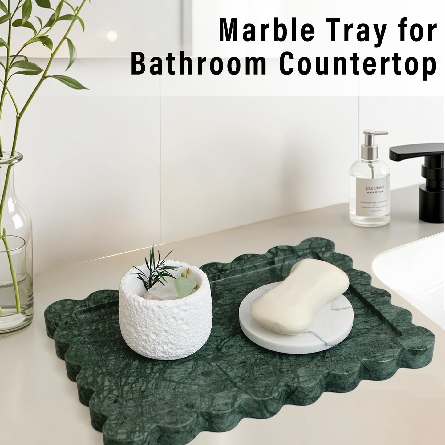LIN CHUAN 100% Real Indian Green Marble Tray, Natural Scalloped Marble Tray, Luxury Decorative Trays for Bathroom Vanity, Dresser, Kitchen & Home Decor, 10.6 x 8 Inches, Dark Green