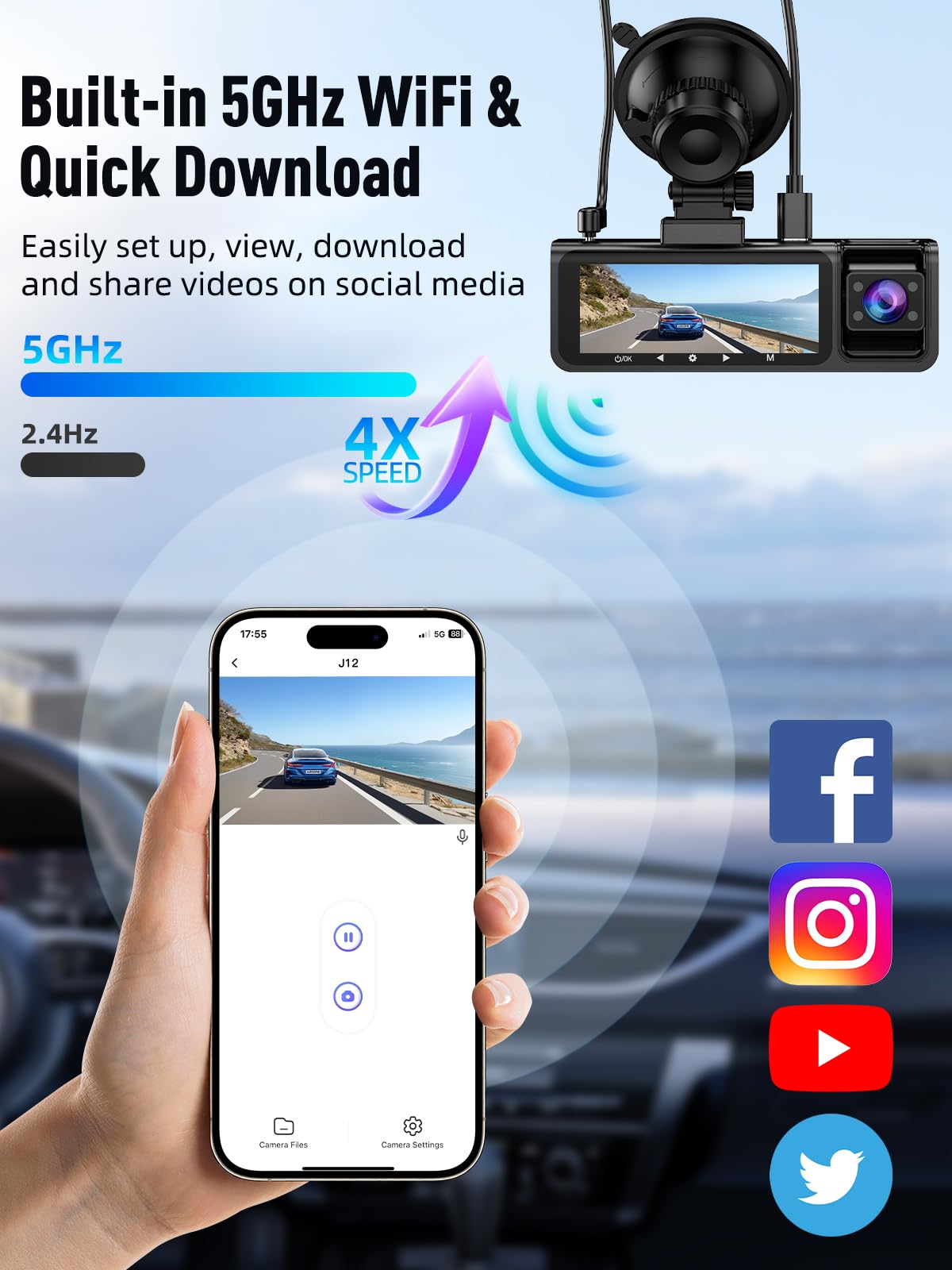 3 Channel WiFi Dash Cam, 4K+1080P+1080P Dash Cam Front and Rear Inside with 64GB Card, 3.16” IPS Screen, G-Sensor, Loop Recording, Parking Monitor, 170° Wide Angle, IR Night Vision, WDR, Silver