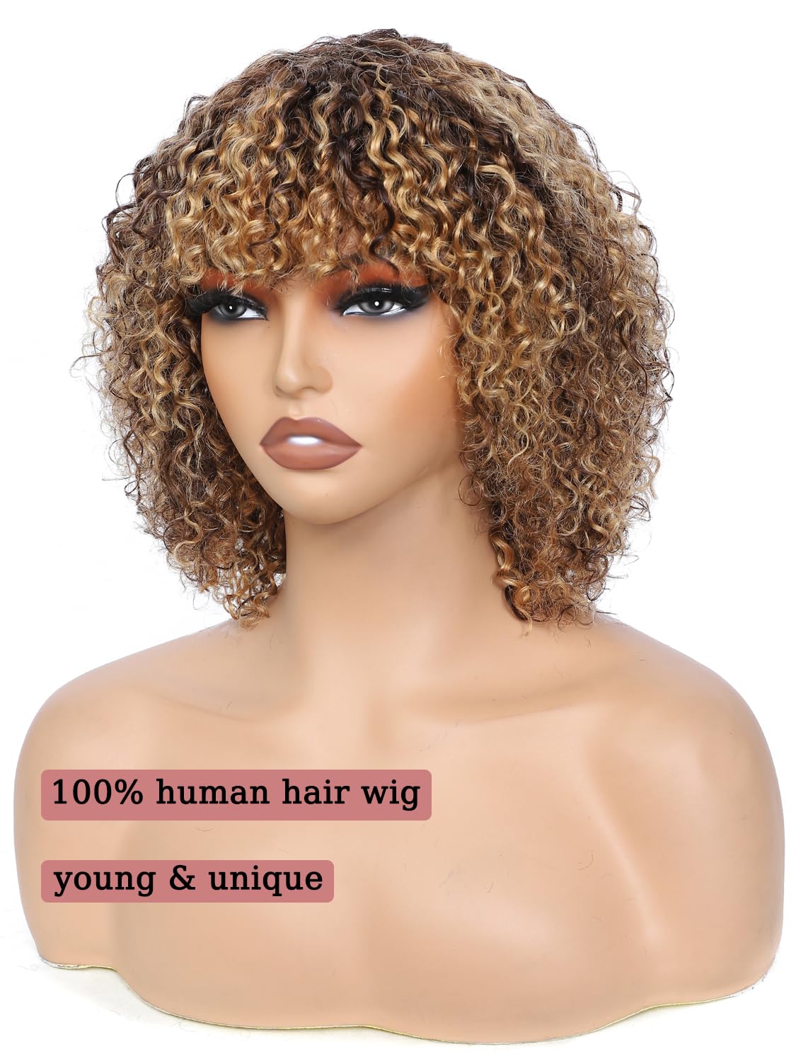 LYOLKSER 200 density short curly human hair wig with bangs 100 percent human hair no lace wig for black women highlight P4/27 brown and blonde 12 inch